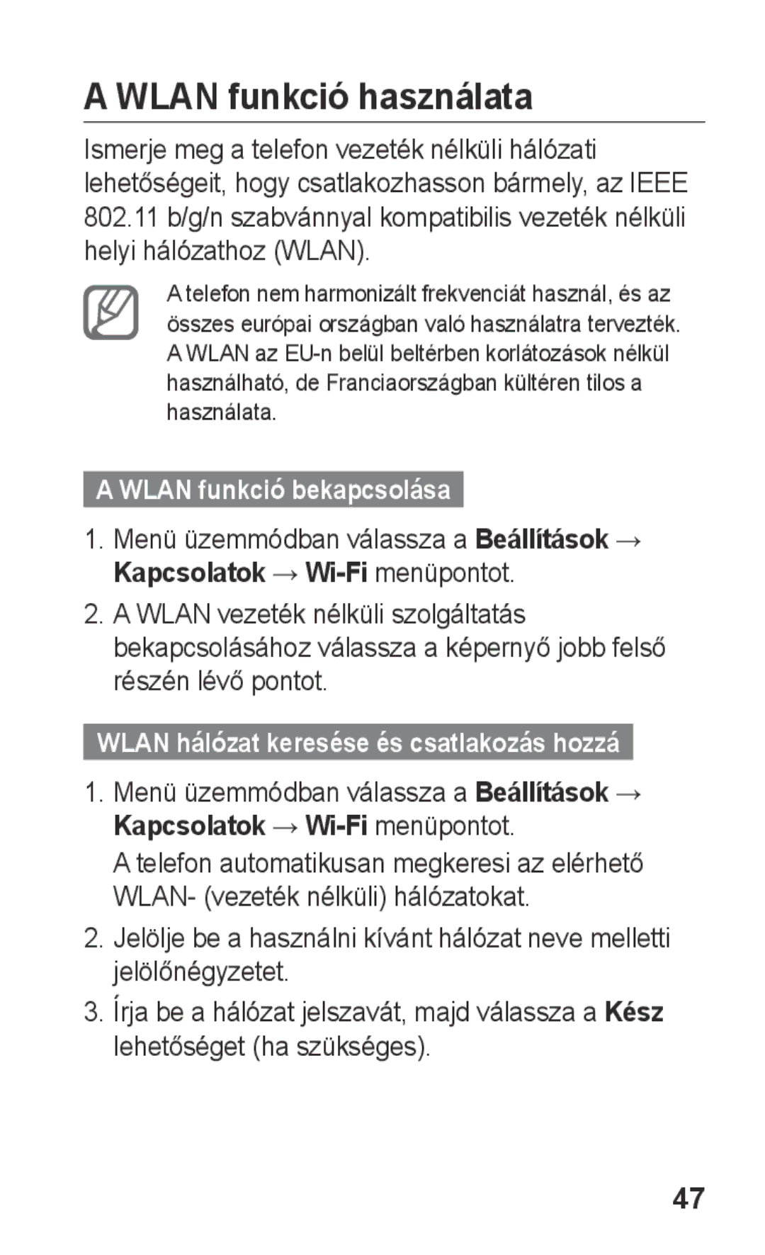 Samsung GT-S5260RWACIT, GT-S5260OKAATO, GT-S5260OKAVDR, GT-S5260OKACIT Wlan funkció használata, Wlan funkció bekapcsolása 