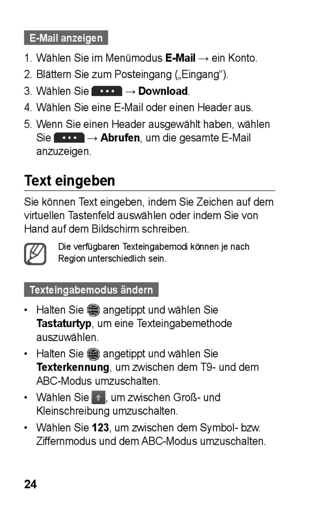 Samsung GT-S5260OKAEPL, GT-S5260OKAATO, GT-S5260RWAEPL, GT-S5260OKAVDR Text eingeben, Mail anzeigen, Texteingabemodus ändern 