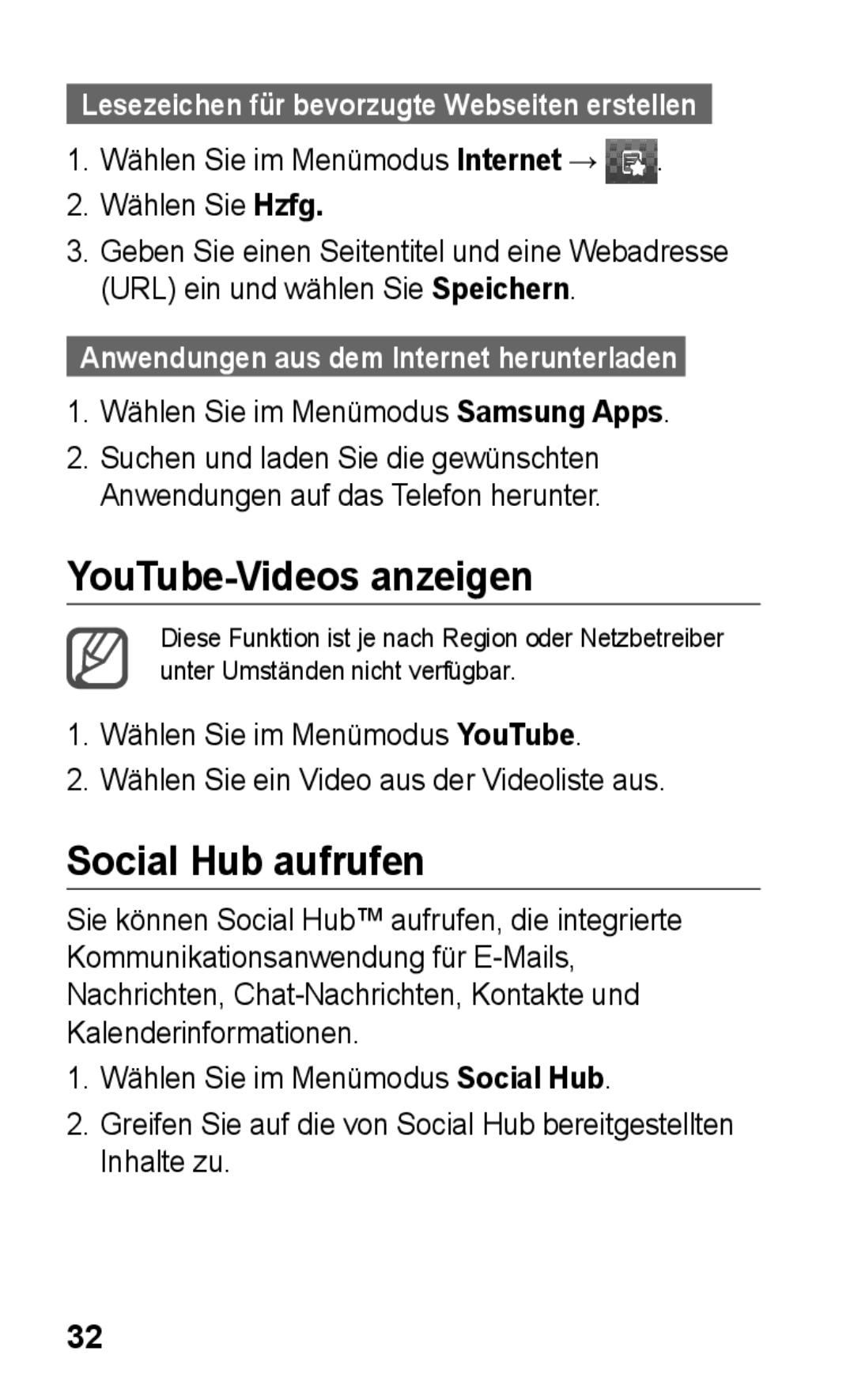 Samsung GT-S5260RWATPH YouTube-Videos anzeigen, Social Hub aufrufen, Wählen Sie im Menümodus Internet → Wählen Sie Hzfg 