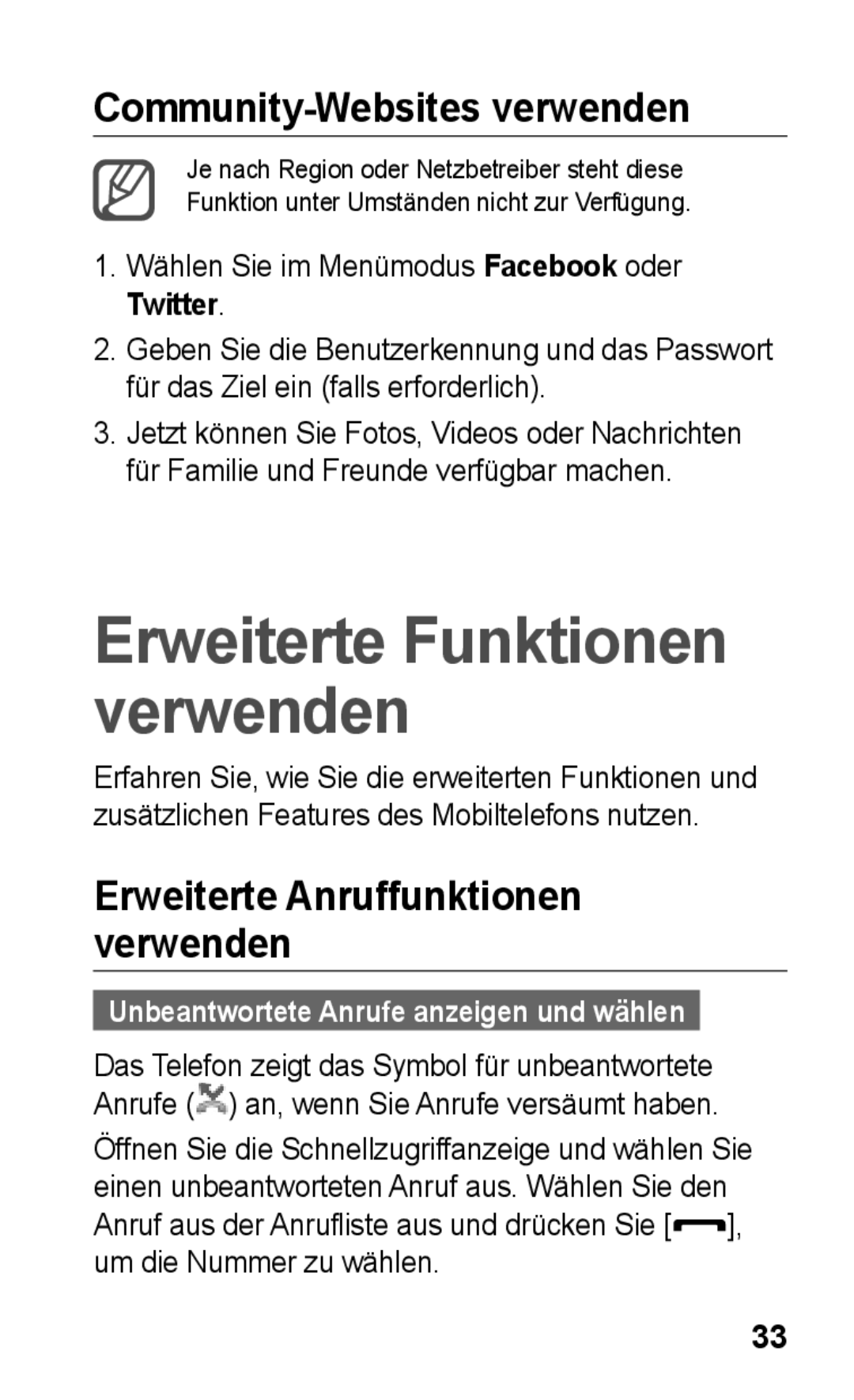 Samsung GT-S5260RWADTM, GT-S5260OKAATO manual Community-Websites verwenden, Wählen Sie im Menümodus Facebook oder Twitter 