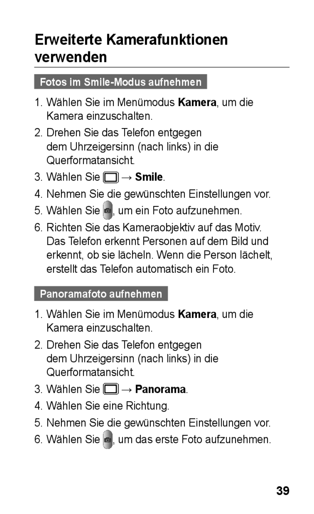Samsung GT-S5260OKAVID, GT-S5260OKAATO, GT-S5260RWAEPL manual Fotos im Smile-Modus aufnehmen, Panoramafoto aufnehmen 