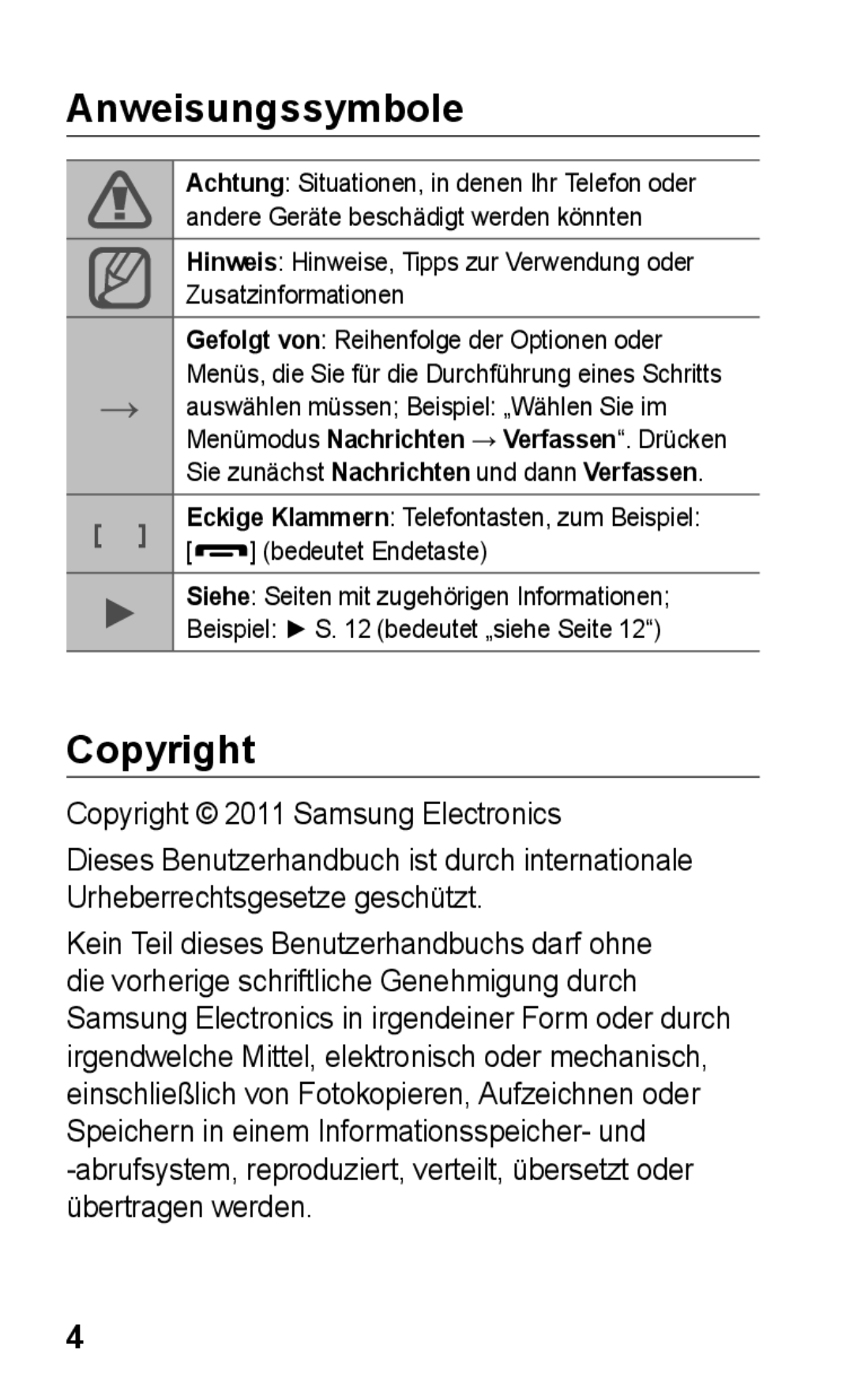 Samsung GT-S5260OKACIT, GT-S5260OKAATO, GT-S5260RWAEPL manual Anweisungssymbole, Copyright 2011 Samsung Electronics 