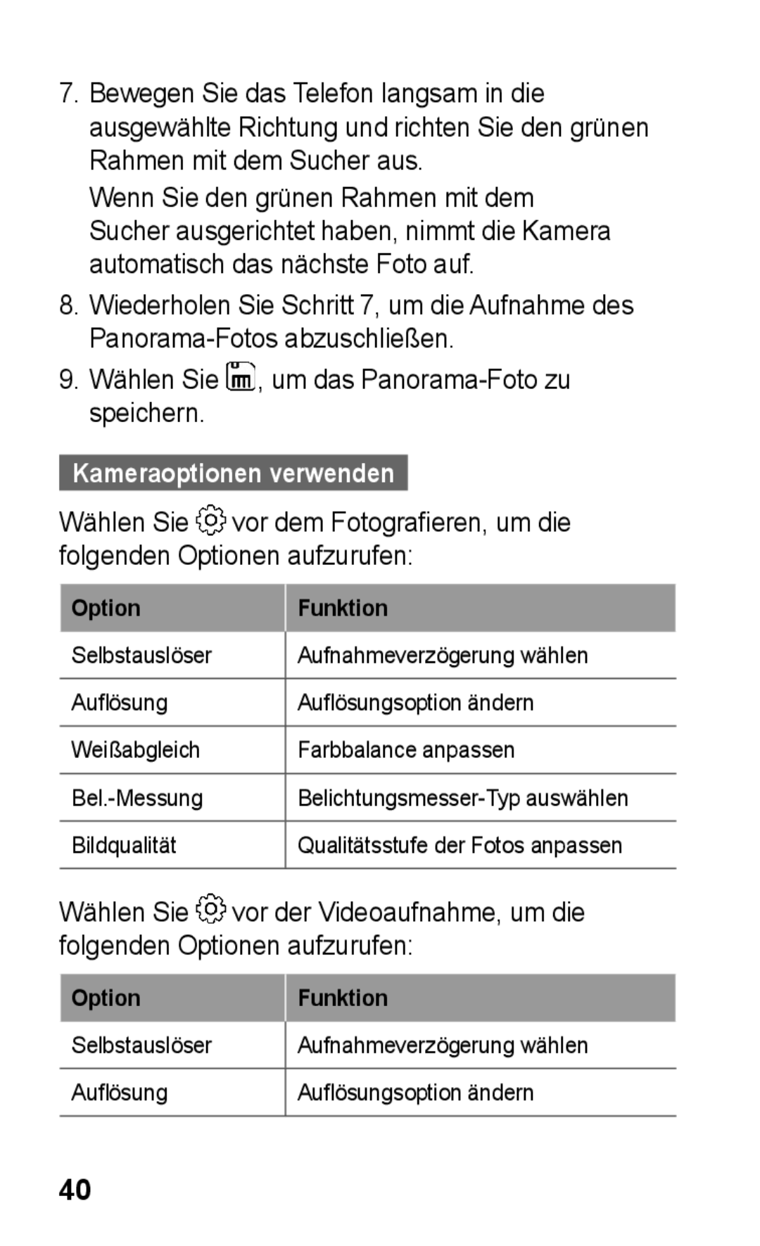 Samsung GT-S5260OKAVIA, GT-S5260OKAATO manual Wählen Sie , um das Panorama-Foto zu speichern, Kameraoptionen verwenden 