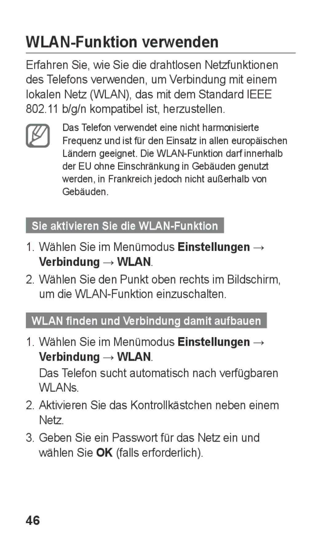 Samsung GT-S5260OKACIT, GT-S5260OKAATO, GT-S5260RWAEPL WLAN-Funktion verwenden, 802.11 b/g/n kompatibel ist, herzustellen 