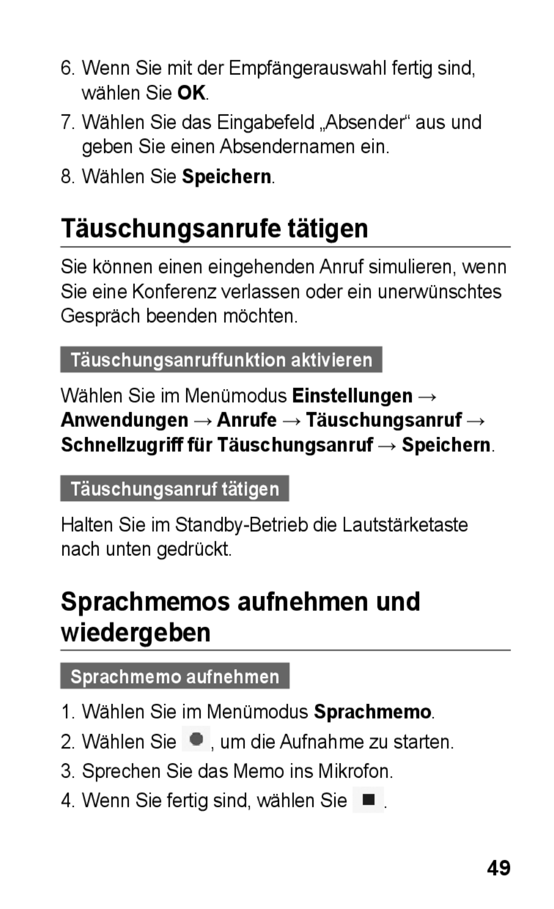 Samsung GT-S5260RWADTR Täuschungsanrufe tätigen, Sprachmemos aufnehmen und wiedergeben, Täuschungsanruffunktion aktivieren 