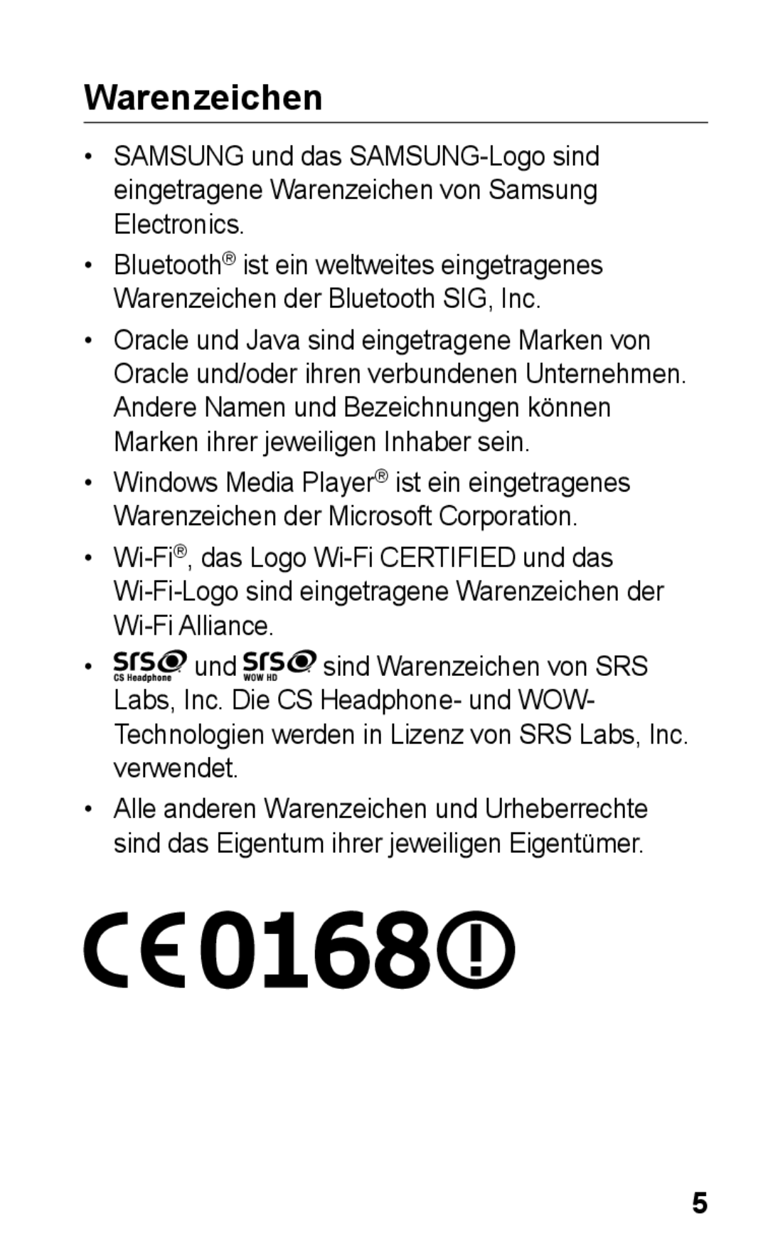 Samsung GT-S5260OKADBT, GT-S5260OKAATO, GT-S5260RWAEPL, GT-S5260OKAVDR, GT-S5260OKAEPL, GT-S5260OKACIT manual Warenzeichen 