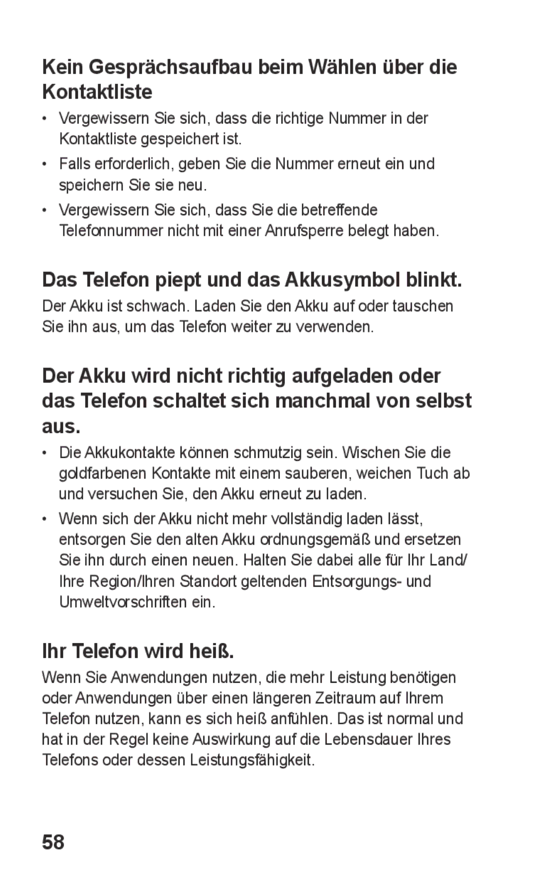 Samsung GT-S5260OKADTR Kein Gesprächsaufbau beim Wählen über die Kontaktliste, Das Telefon piept und das Akkusymbol blinkt 