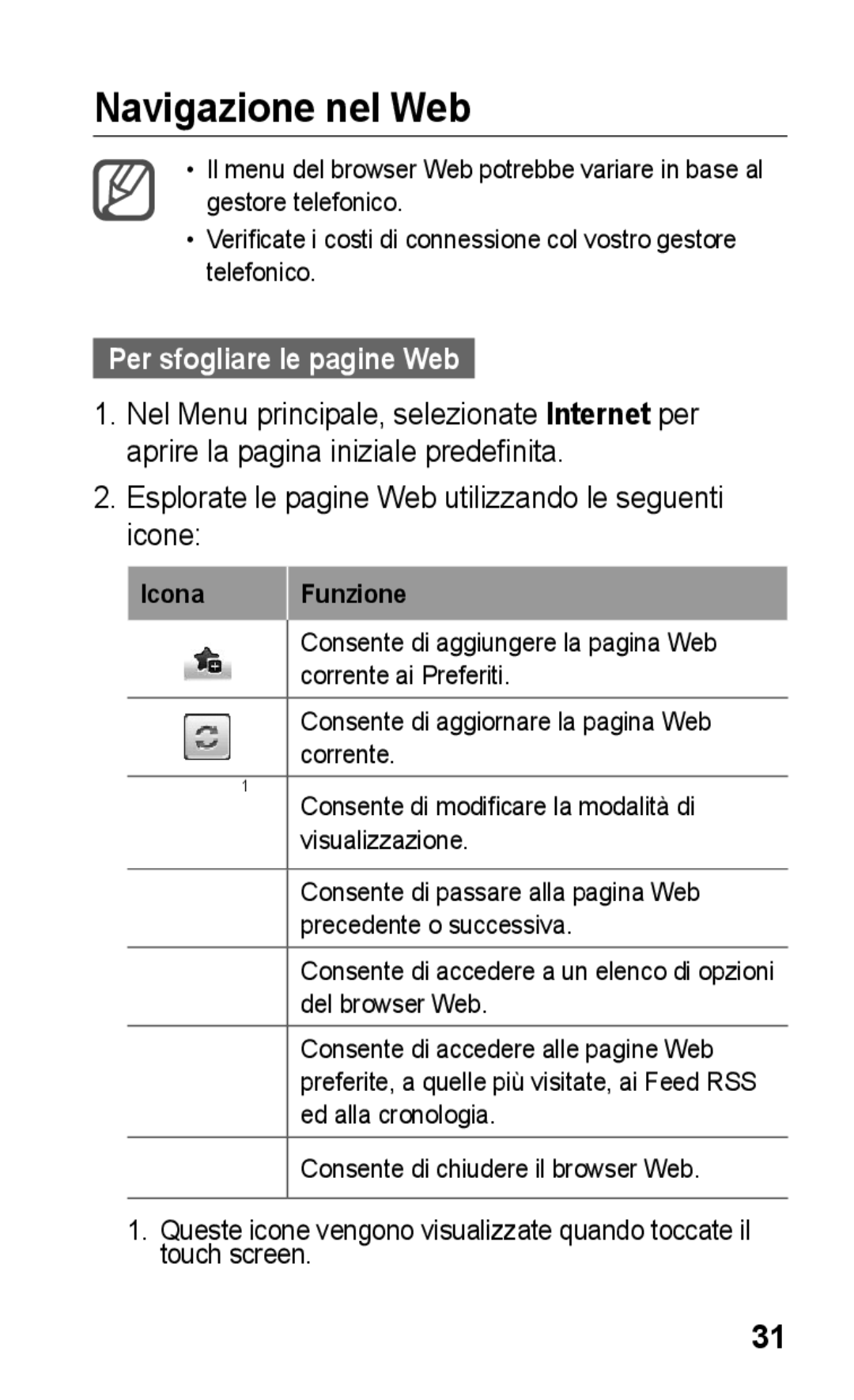 Samsung GT-S5260RWACIT, GT-S5260OKACIT, GT-S5260RWATIM manual Navigazione nel Web, Per sfogliare le pagine Web 