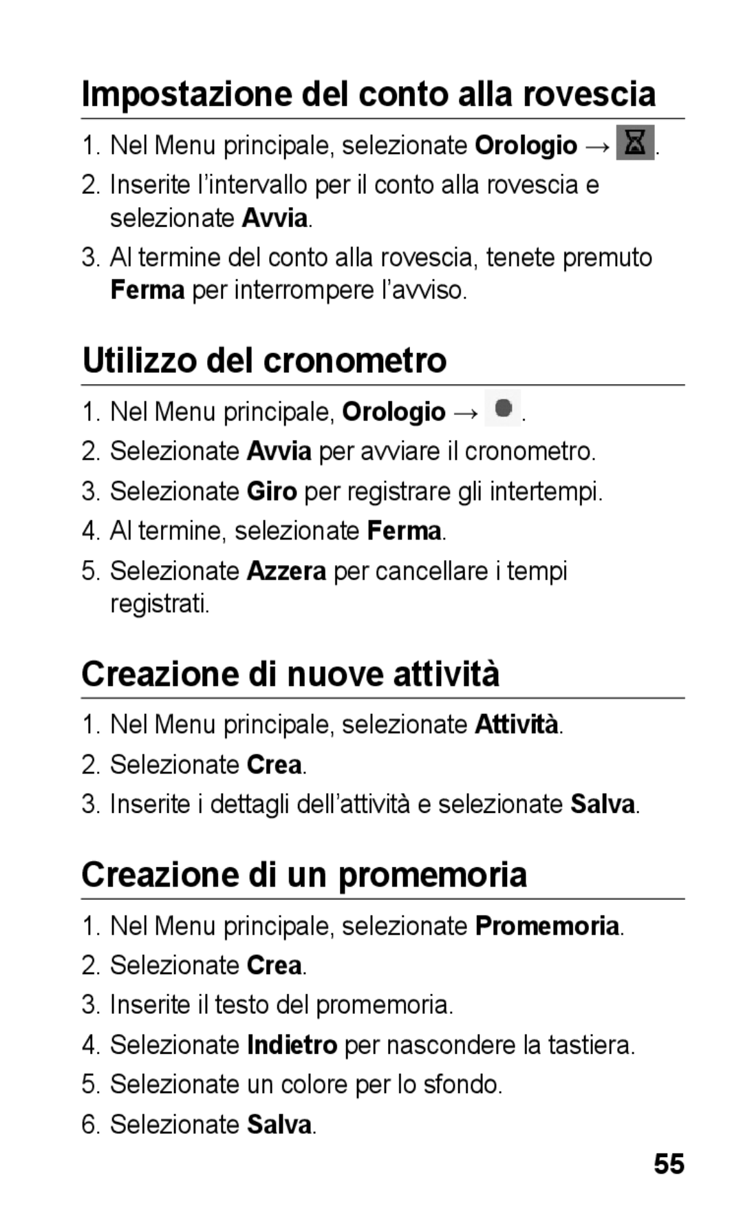 Samsung GT-S5260RWACIT manual Impostazione del conto alla rovescia, Utilizzo del cronometro, Creazione di nuove attività 