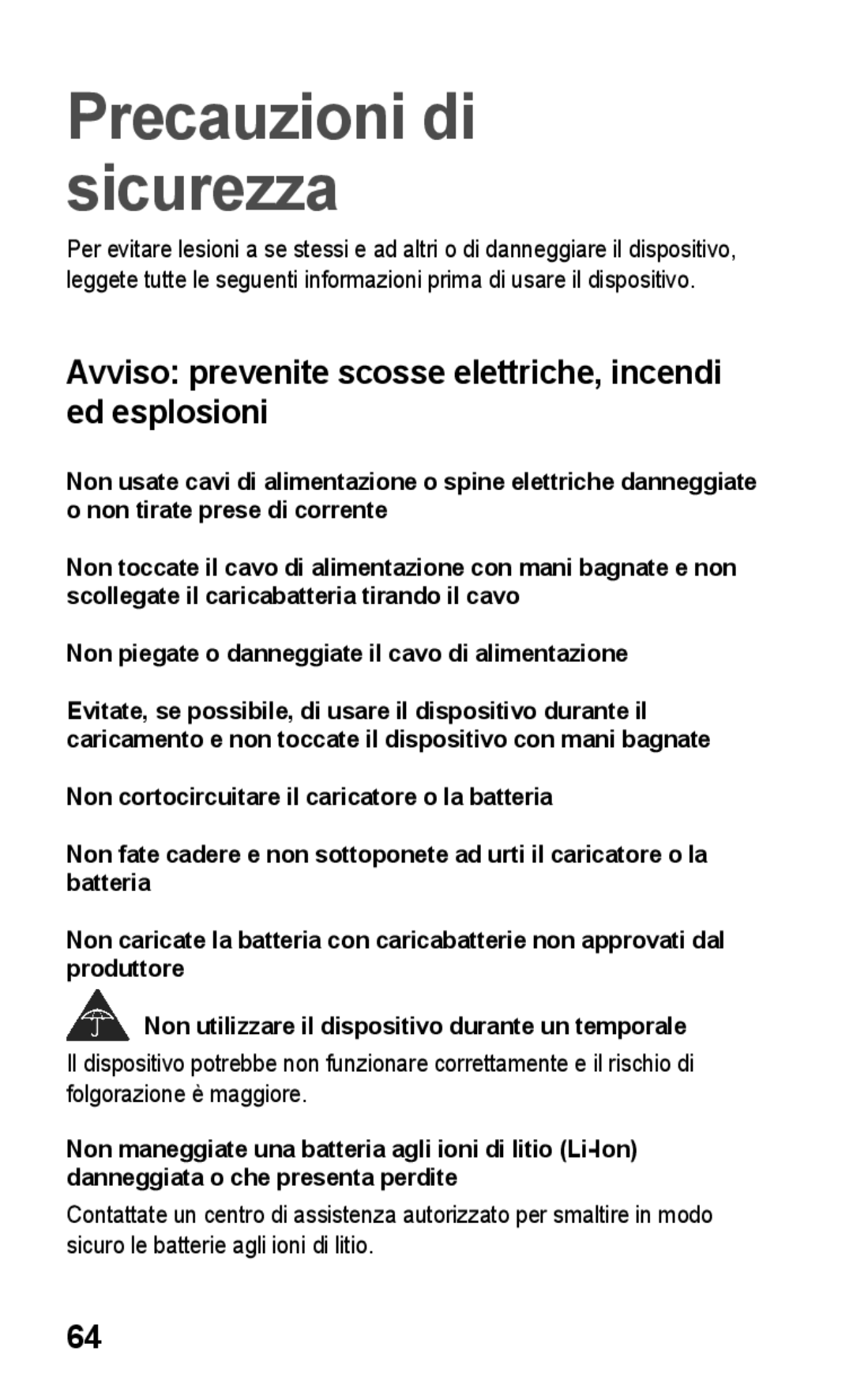 Samsung GT-S5260RWACIT, GT-S5260OKACIT Precauzioni di sicurezza, Avviso prevenite scosse elettriche, incendi ed esplosioni 