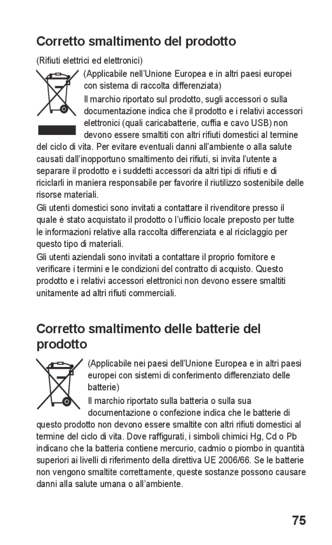 Samsung GT-S5260OKACIT, GT-S5260RWACIT Corretto smaltimento del prodotto, Corretto smaltimento delle batterie del prodotto 