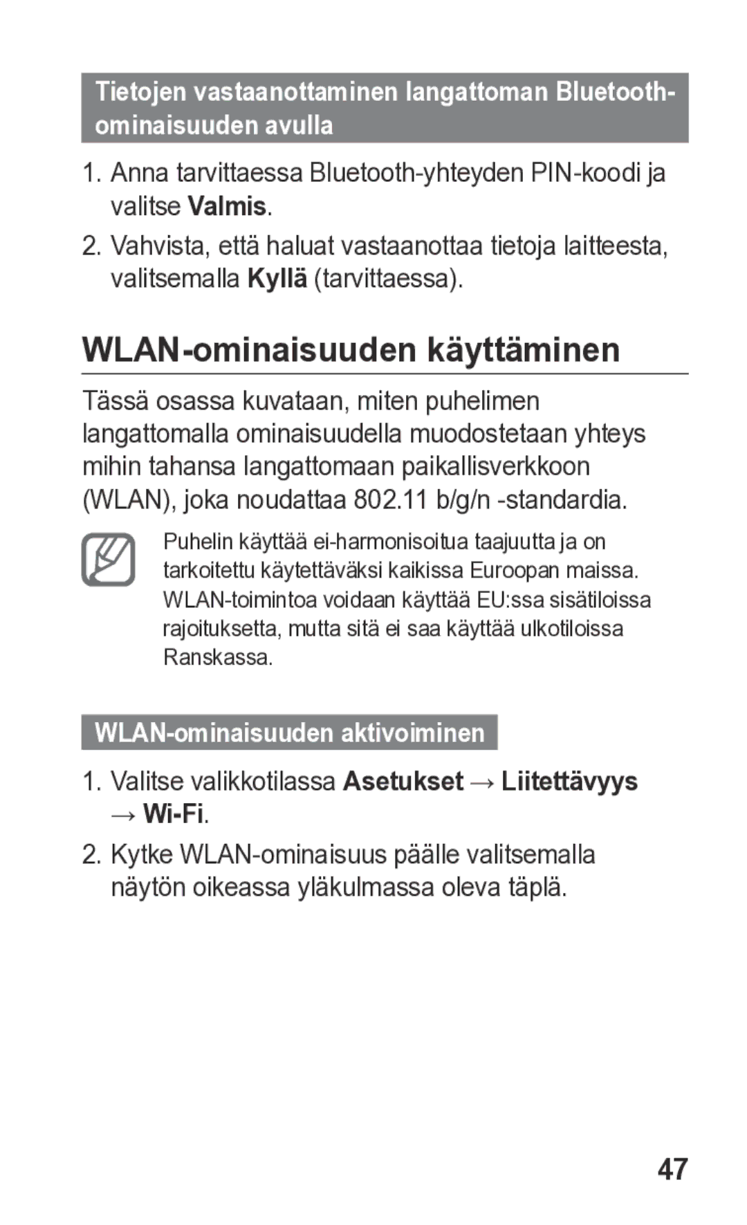 Samsung GT-S5260RWANEE, GT-S5260OKANEE manual WLAN-ominaisuuden käyttäminen, WLAN-ominaisuuden aktivoiminen, → Wi-Fi 