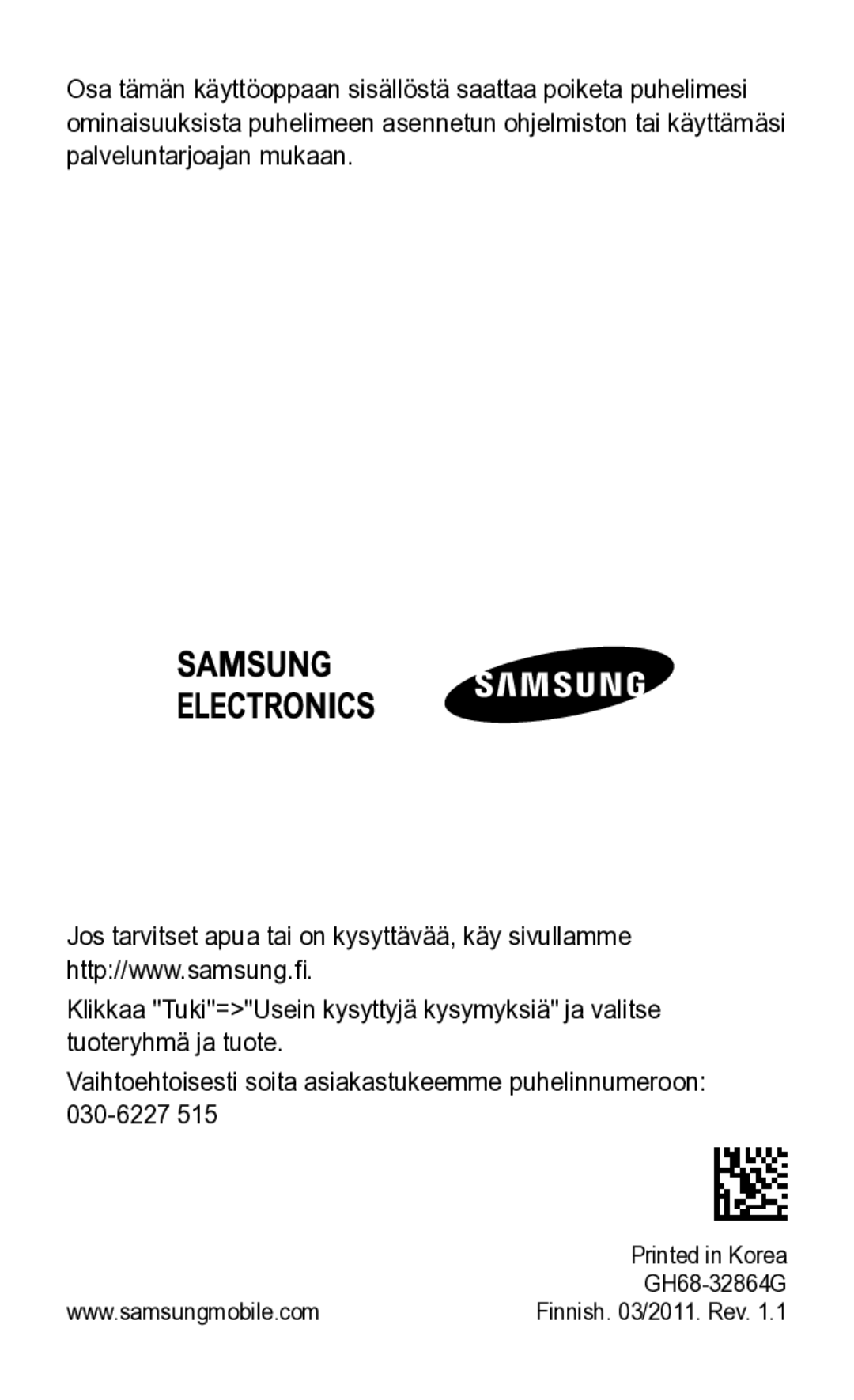 Samsung GT-S5260OKANEE, GT-S5260RWANEE manual Finnish /2011. Rev 