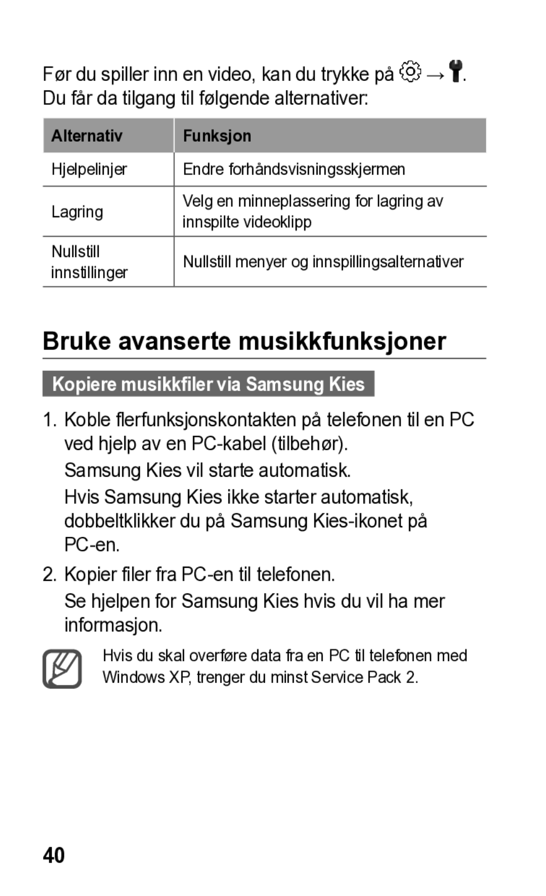 Samsung GT-S5260OKANEE, GT-S5260RWANEE manual Bruke avanserte musikkfunksjoner, Kopiere musikkfiler via Samsung Kies 