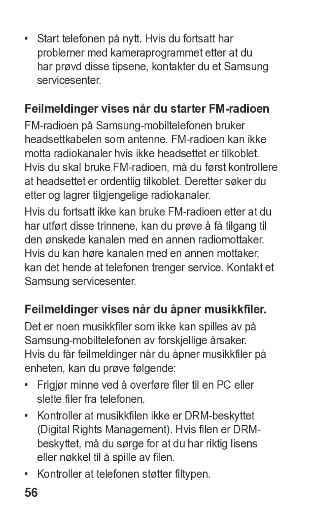 Samsung GT-S5260OKANEE manual Feilmeldinger vises når du starter FM-radioen, Feilmeldinger vises når du åpner musikkfiler 