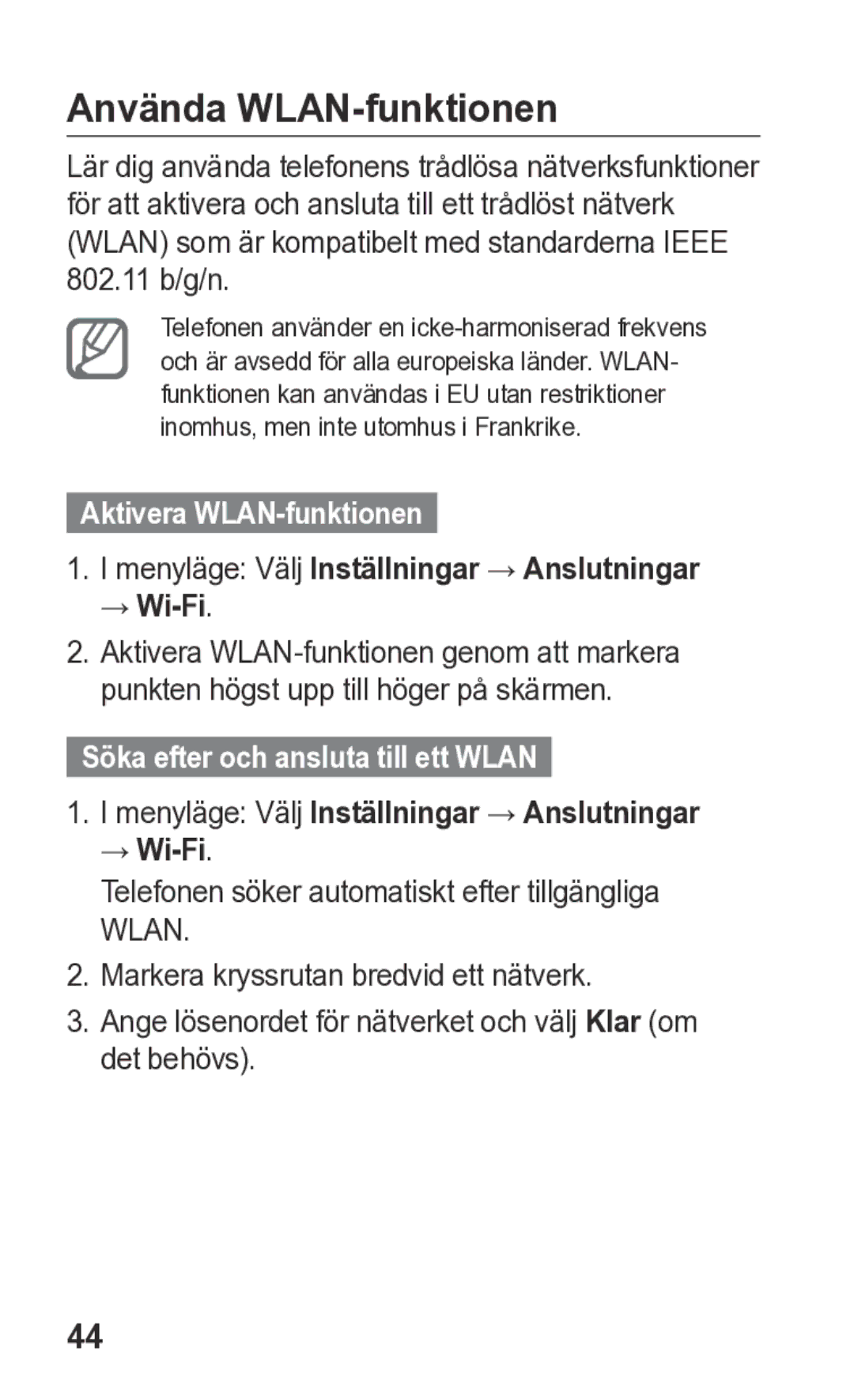 Samsung GT-S5260OKANEE, GT-S5260RWANEE manual Använda WLAN-funktionen, 802.11 b/g/n, Aktivera WLAN-funktionen 