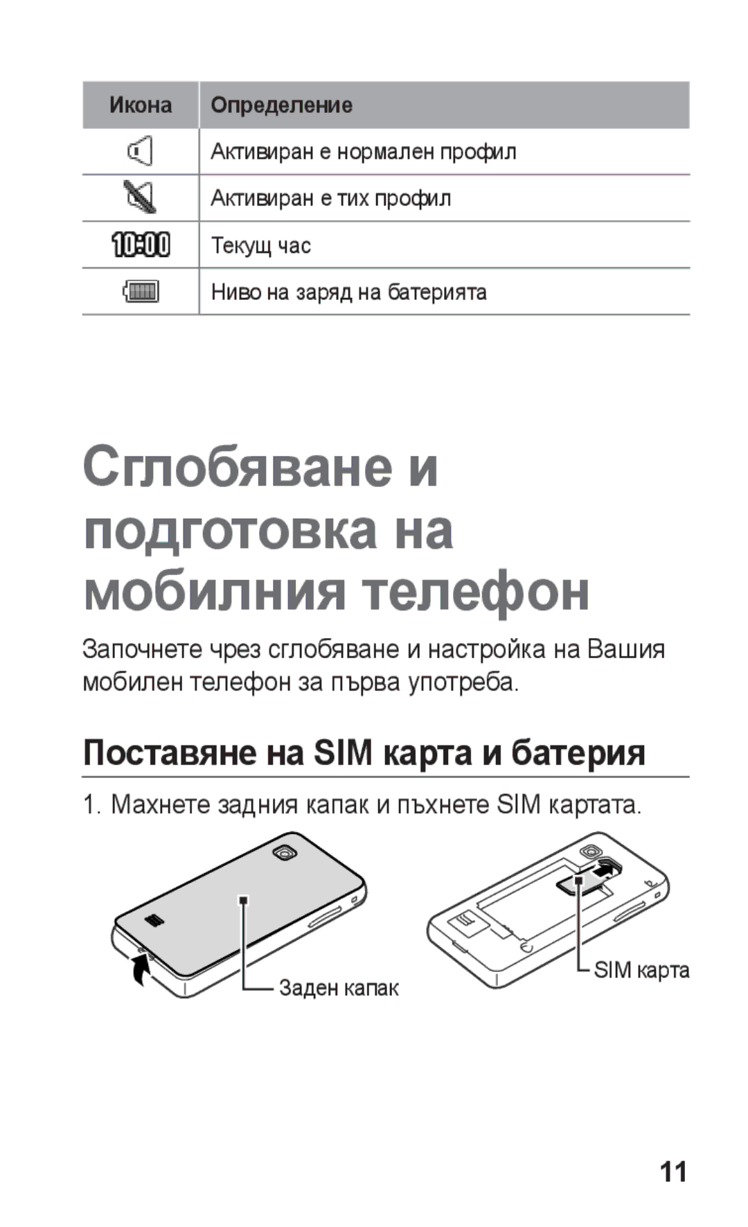 Samsung GT-S5260OKABGL, GT-S5260RWABGL manual Поставяне на SIM карта и батерия, Махнете задния капак и пъхнете SIM картата 