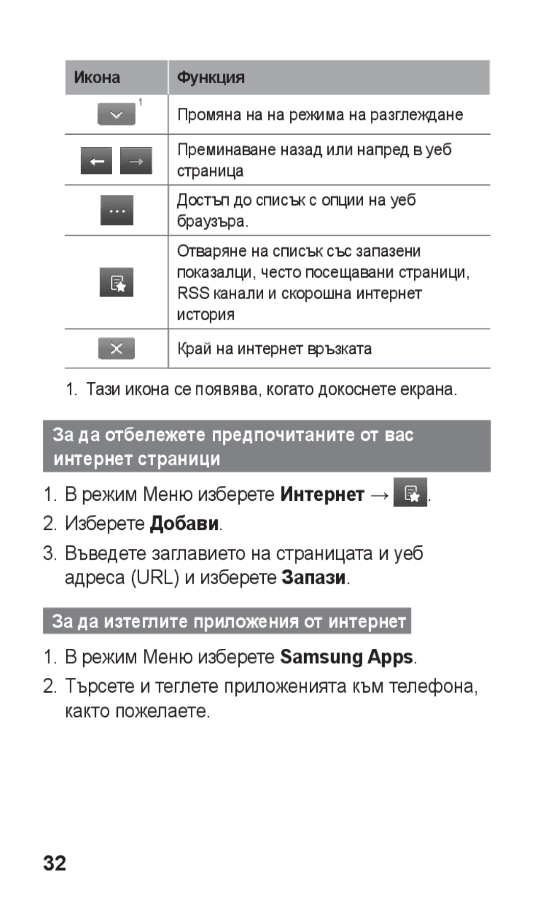 Samsung GT2S5260OKABGL manual Режим Меню изберете Интернет → Изберете Добави, За да изтеглите приложения от интернет  