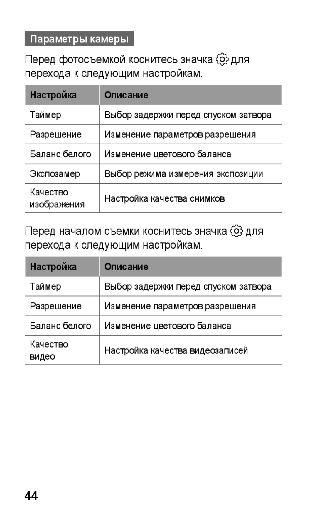 Samsung GT-S5260RWAMTS, GT-S5260RWASEB, GT-S5260OKASEB, GT-S5260OKASER, GT-S5260RWASER Параметры камеры, Настройка Описание 