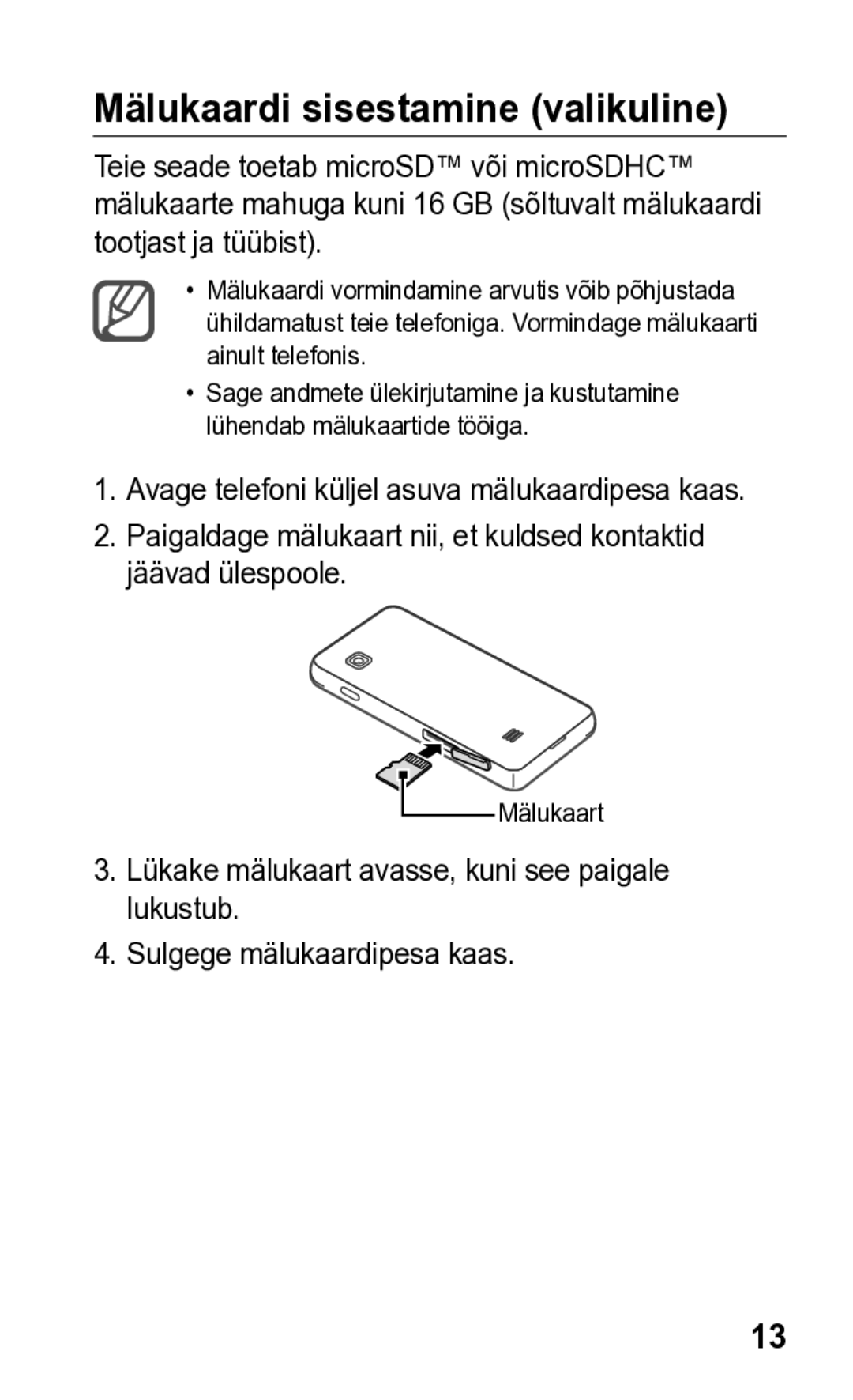 Samsung GT-S5260OKASEB, GT-S5260RWASEB manual Mälukaardi sisestamine valikuline 