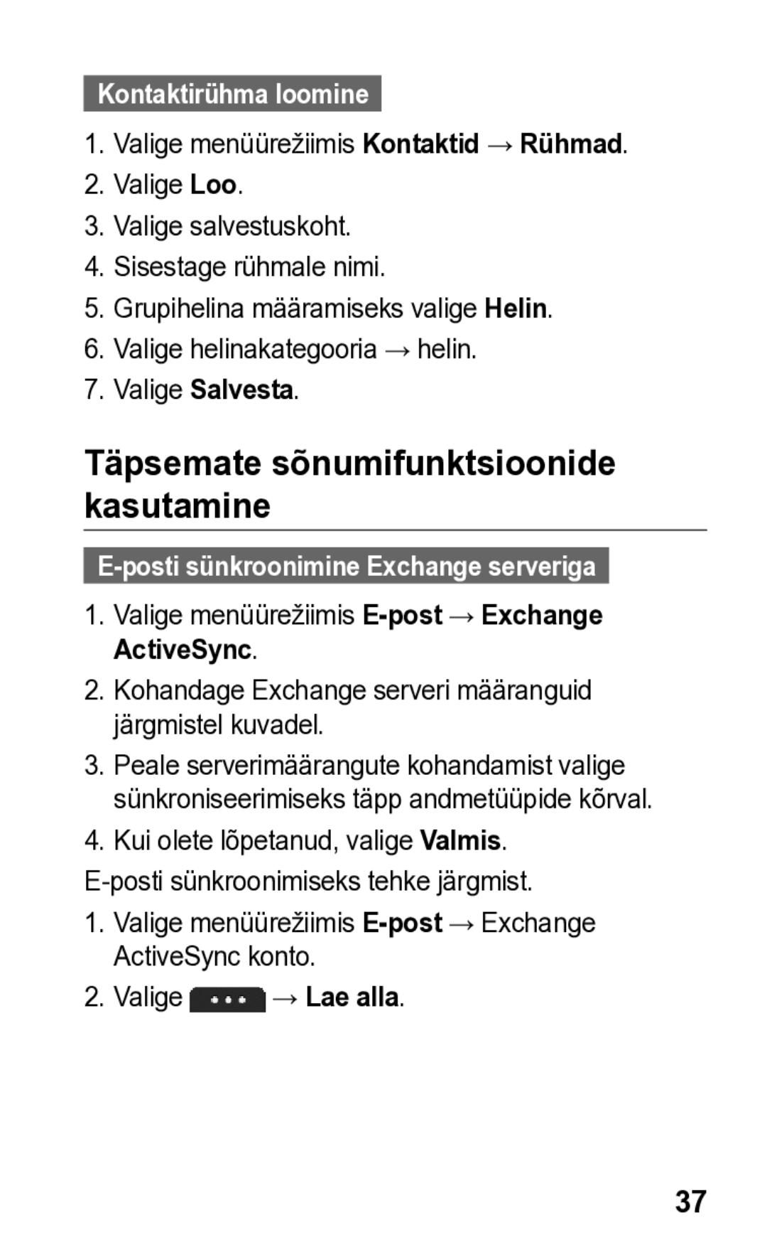 Samsung GT-S5260OKASEB, GT-S5260RWASEB manual Kontaktirühma loomine, Valige menüürežiimis E-post → Exchange ActiveSync 