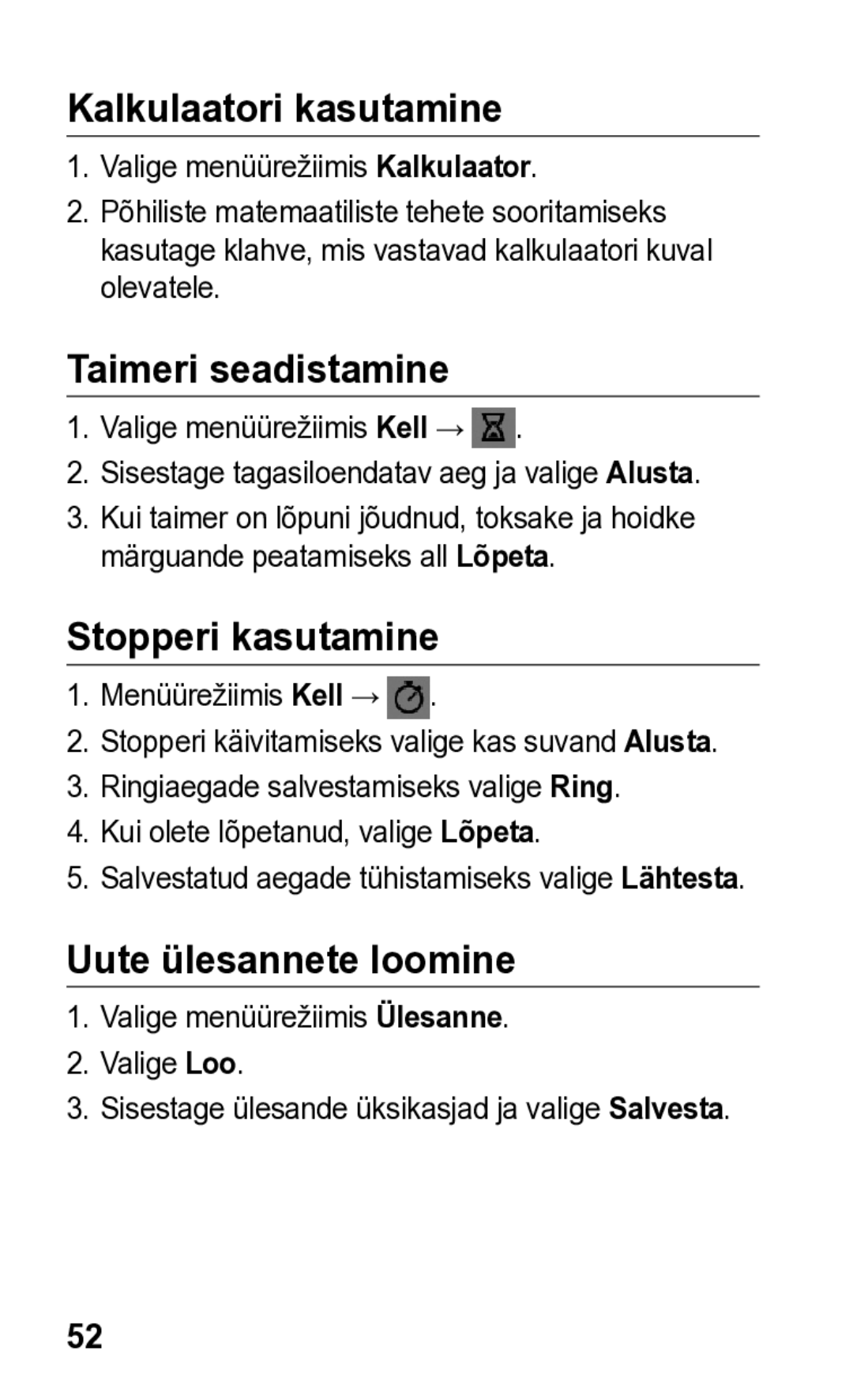 Samsung GT-S5260RWASEB manual Kalkulaatori kasutamine, Taimeri seadistamine, Stopperi kasutamine, Uute ülesannete loomine 