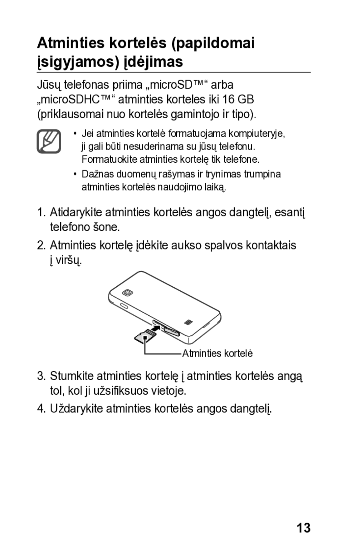 Samsung GT-S5260OKASEB, GT-S5260RWASEB manual Atminties kortelės papildomai įsigyjamos įdėjimas 