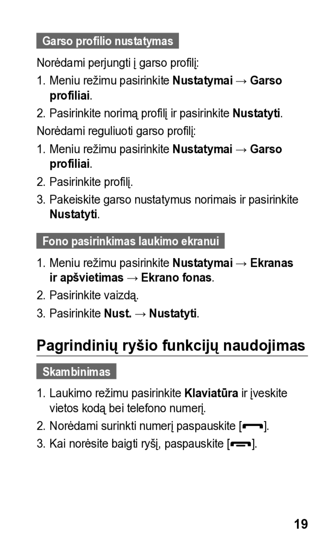 Samsung GT-S5260OKASEB Pagrindinių ryšio funkcijų naudojimas, Garso profilio nustatymas, Fono pasirinkimas laukimo ekranui 