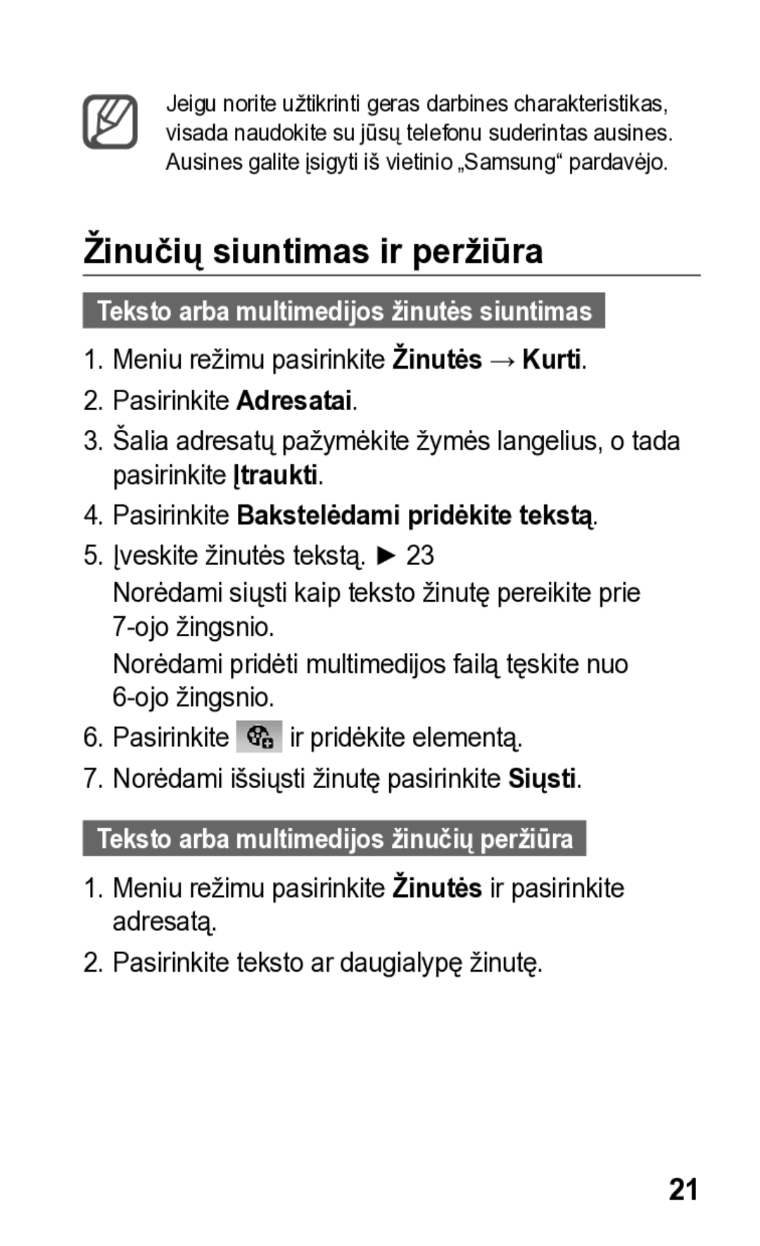 Samsung GT-S5260OKASEB, GT-S5260RWASEB manual Žinučių siuntimas ir peržiūra, Pasirinkite Bakstelėdami pridėkite tekstą 