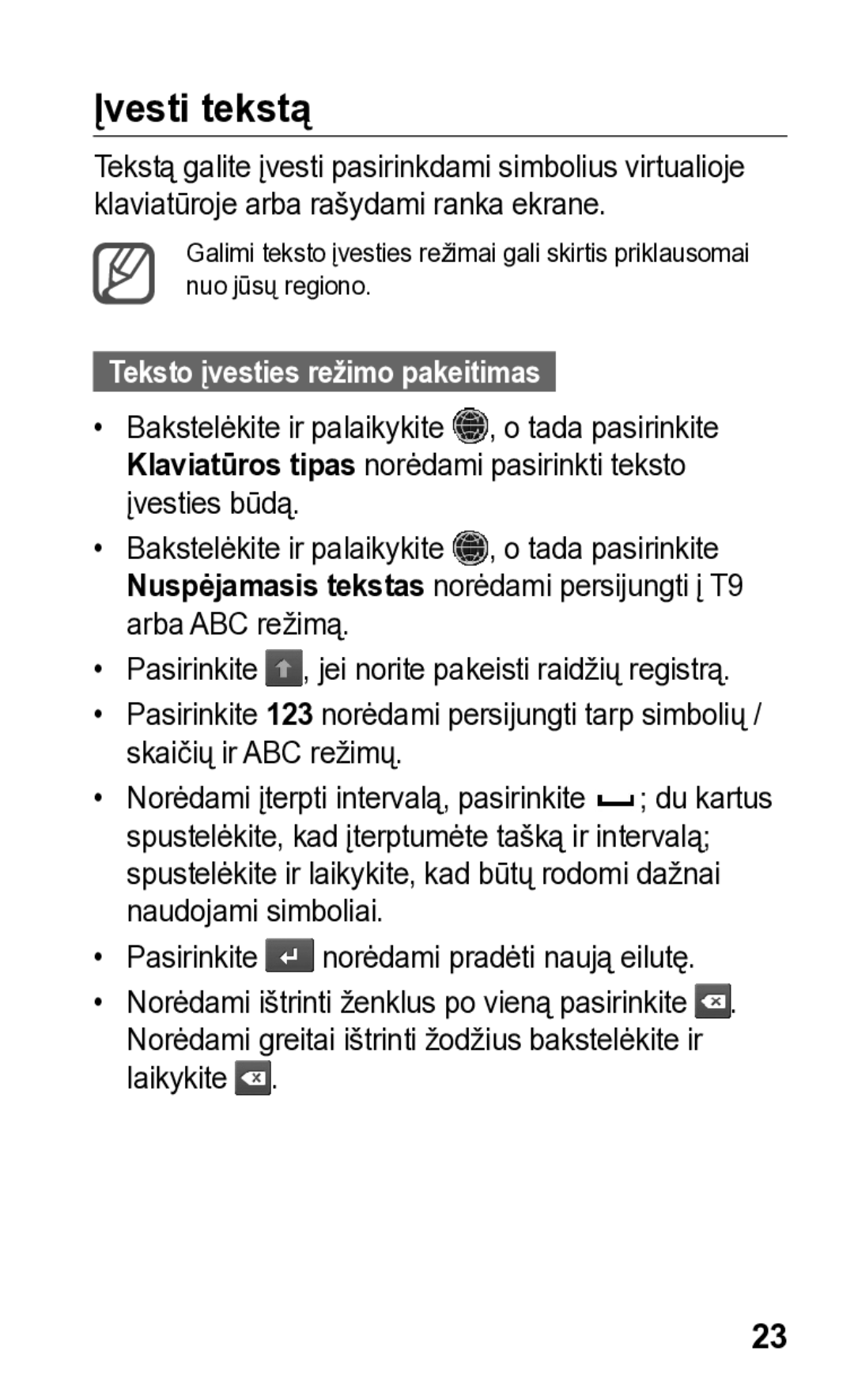 Samsung GT-S5260OKASEB, GT-S5260RWASEB manual Įvesti tekstą, Teksto įvesties režimo pakeitimas 