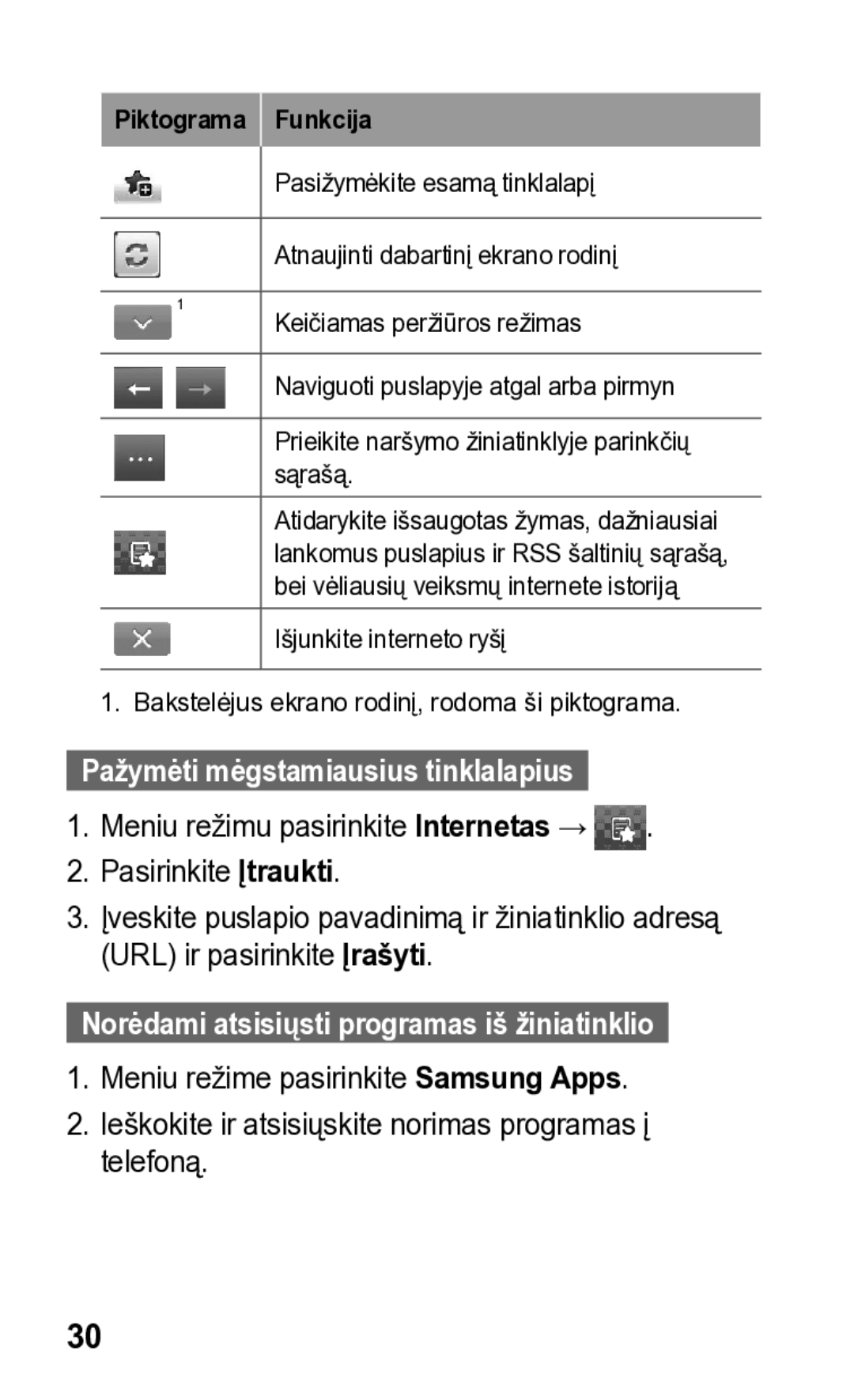 Samsung GT-S5260RWASEB, GT-S5260OKASEB manual Pažymėti mėgstamiausius tinklalapius 