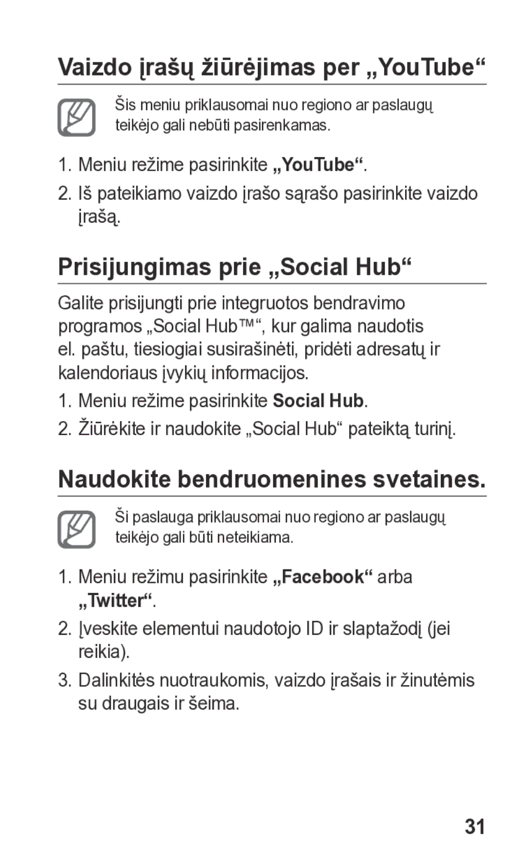 Samsung GT-S5260OKASEB, GT-S5260RWASEB manual Vaizdo įrašų žiūrėjimas per „YouTube, Prisijungimas prie „Social Hub, „Twitter 