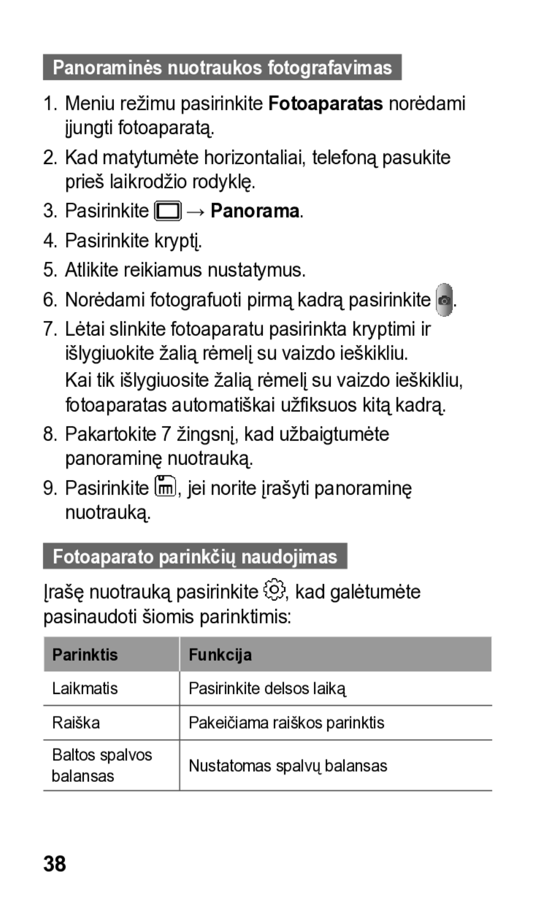 Samsung GT-S5260RWASEB manual Panoraminės nuotraukos fotografavimas, Fotoaparato parinkčių naudojimas, Parinktis Funkcija 