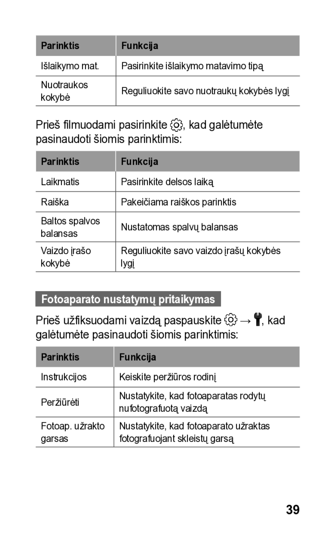 Samsung GT-S5260OKASEB, GT-S5260RWASEB manual Fotoaparato nustatymų pritaikymas 