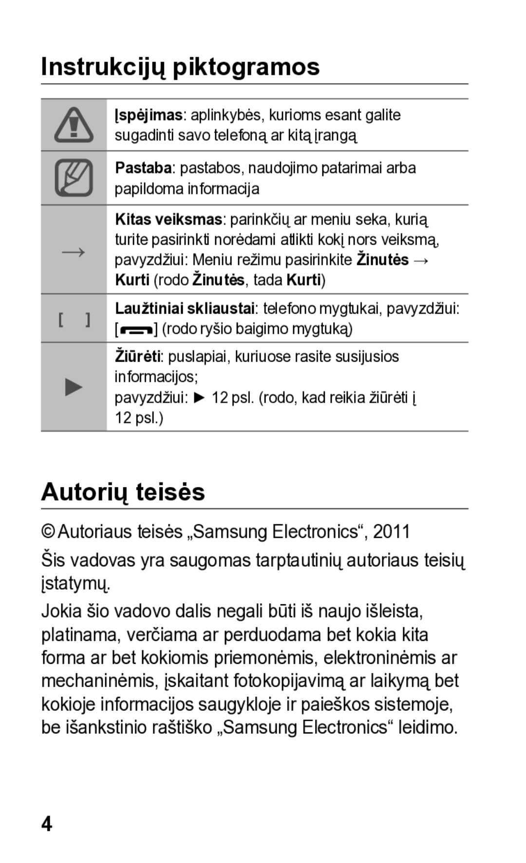 Samsung GT-S5260RWASEB, GT-S5260OKASEB manual Instrukcijų piktogramos, Autorių teisės, Kurti rodo Žinutės, tada Kurti 