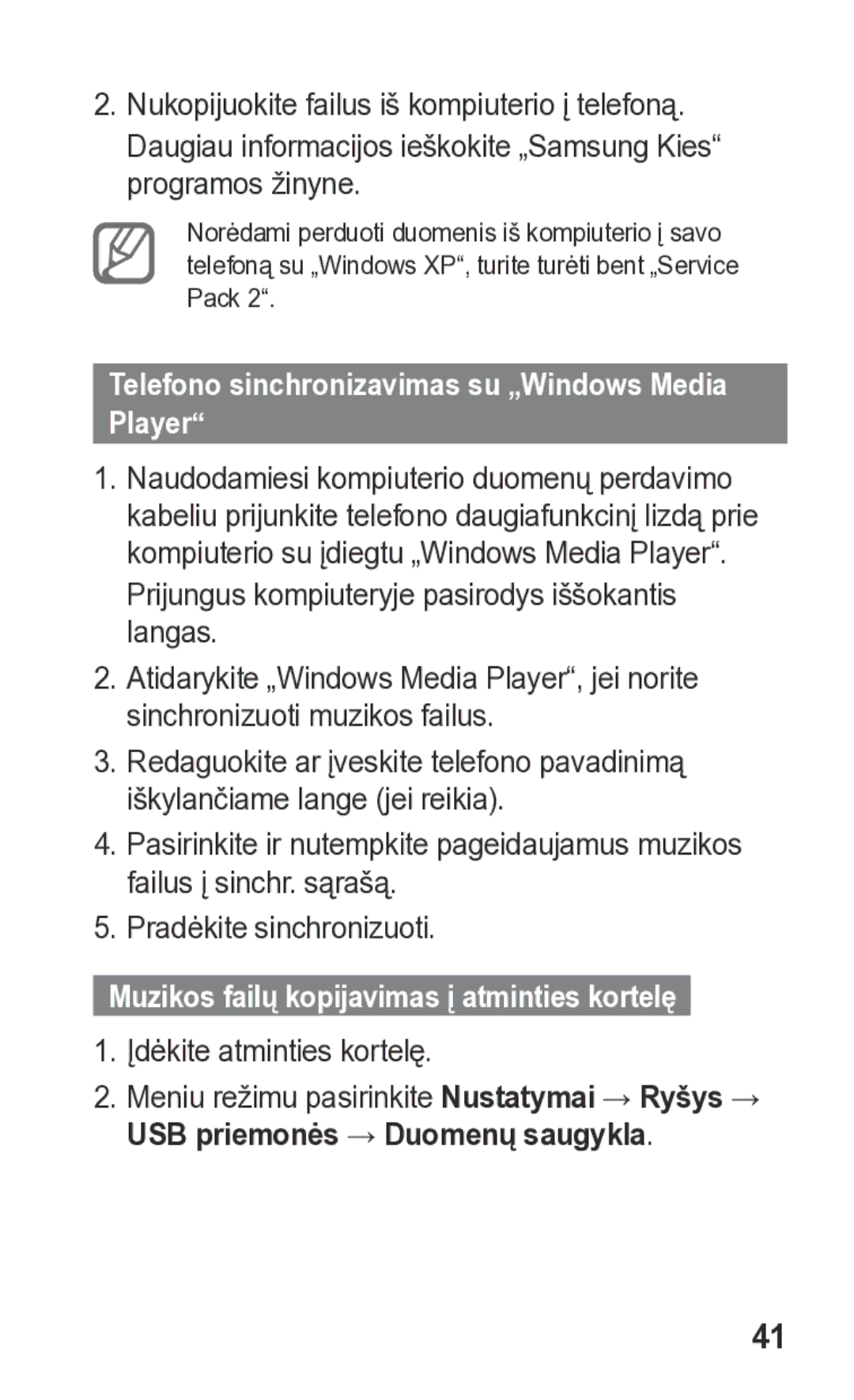 Samsung GT-S5260OKASEB manual Telefono sinchronizavimas su „Windows Media Player, USB priemonės → Duomenų saugykla 