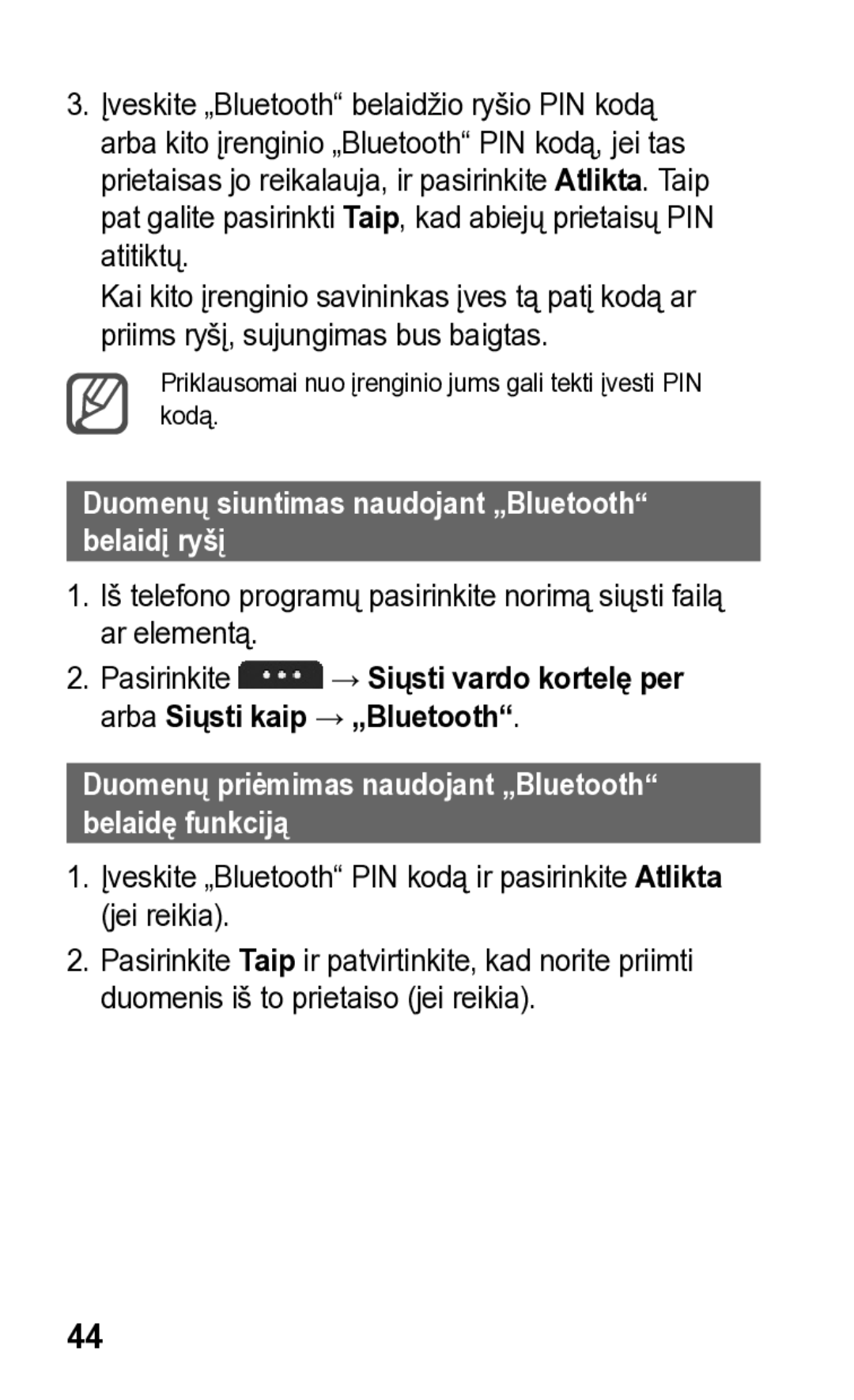 Samsung GT-S5260RWASEB, GT-S5260OKASEB manual Duomenų siuntimas naudojant „Bluetooth belaidį ryšį 