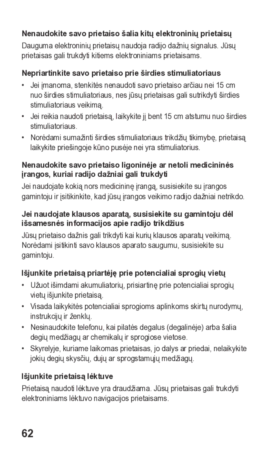 Samsung GT-S5260RWASEB manual Nepriartinkite savo prietaiso prie širdies stimuliatoriaus, Išjunkite prietaisą lėktuve 