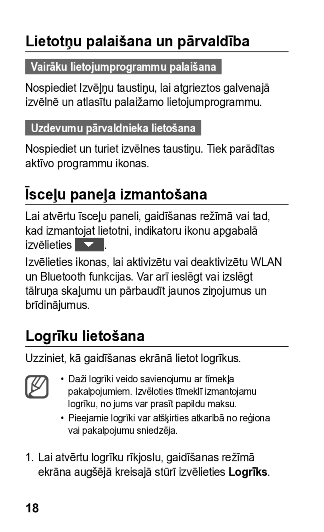 Samsung GT-S5260RWASEB, GT-S5260OKASEB manual Lietotņu palaišana un pārvaldība, Īsceļu paneļa izmantošana, Logrīku lietošana 