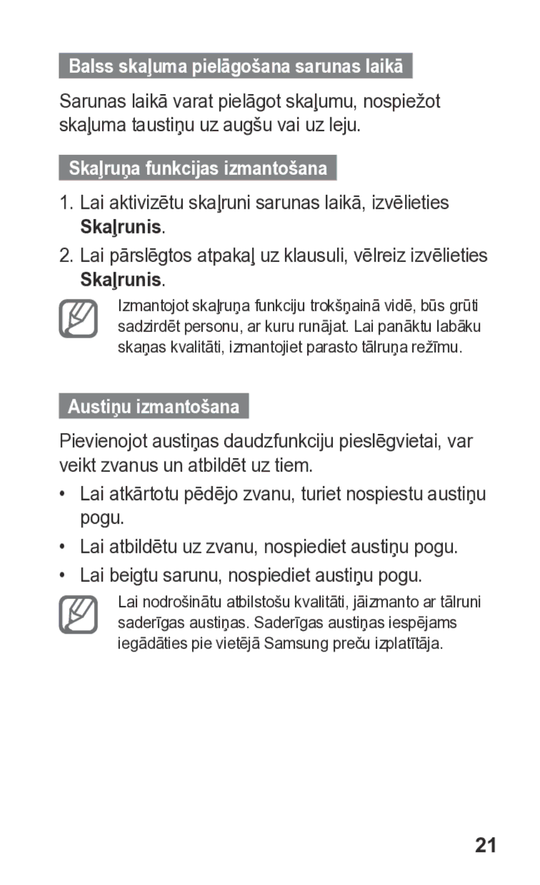 Samsung GT-S5260OKASEB, GT-S5260RWASEB manual Skaļruņa funkcijas izmantošana, Austiņu izmantošana 
