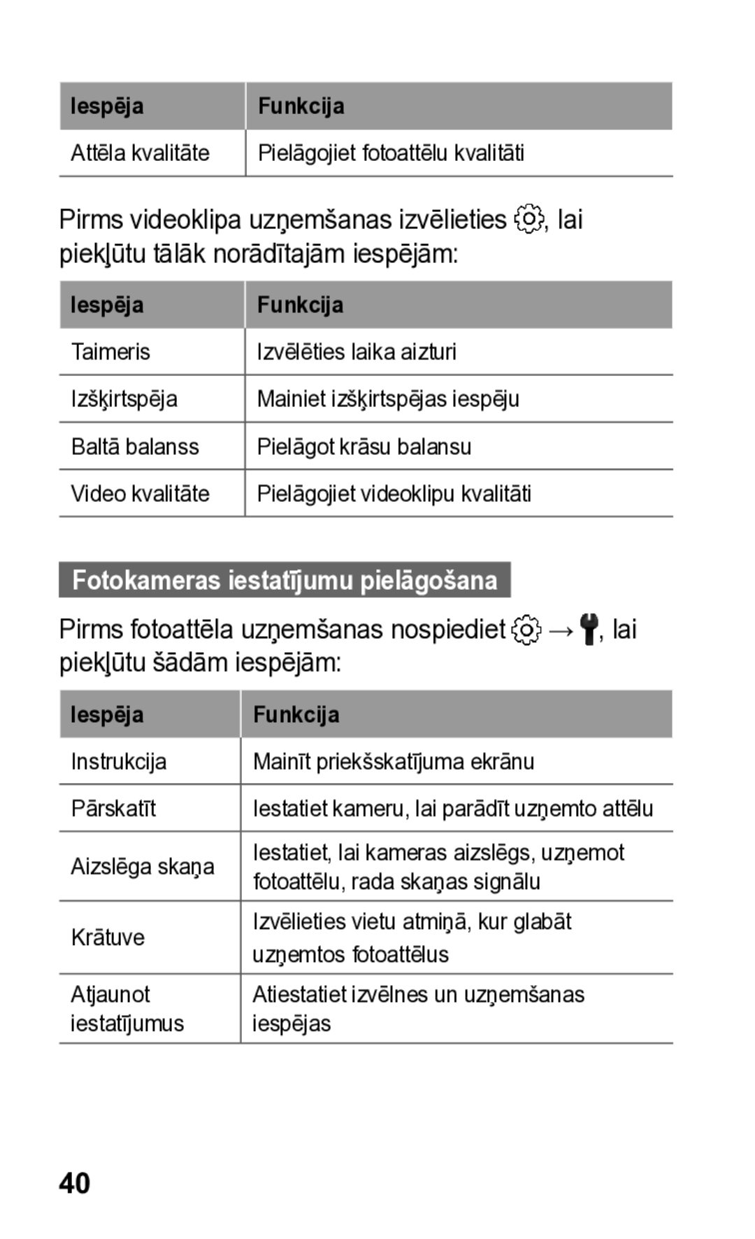 Samsung GT-S5260RWASEB, GT-S5260OKASEB manual Fotokameras iestatījumu pielāgošana 