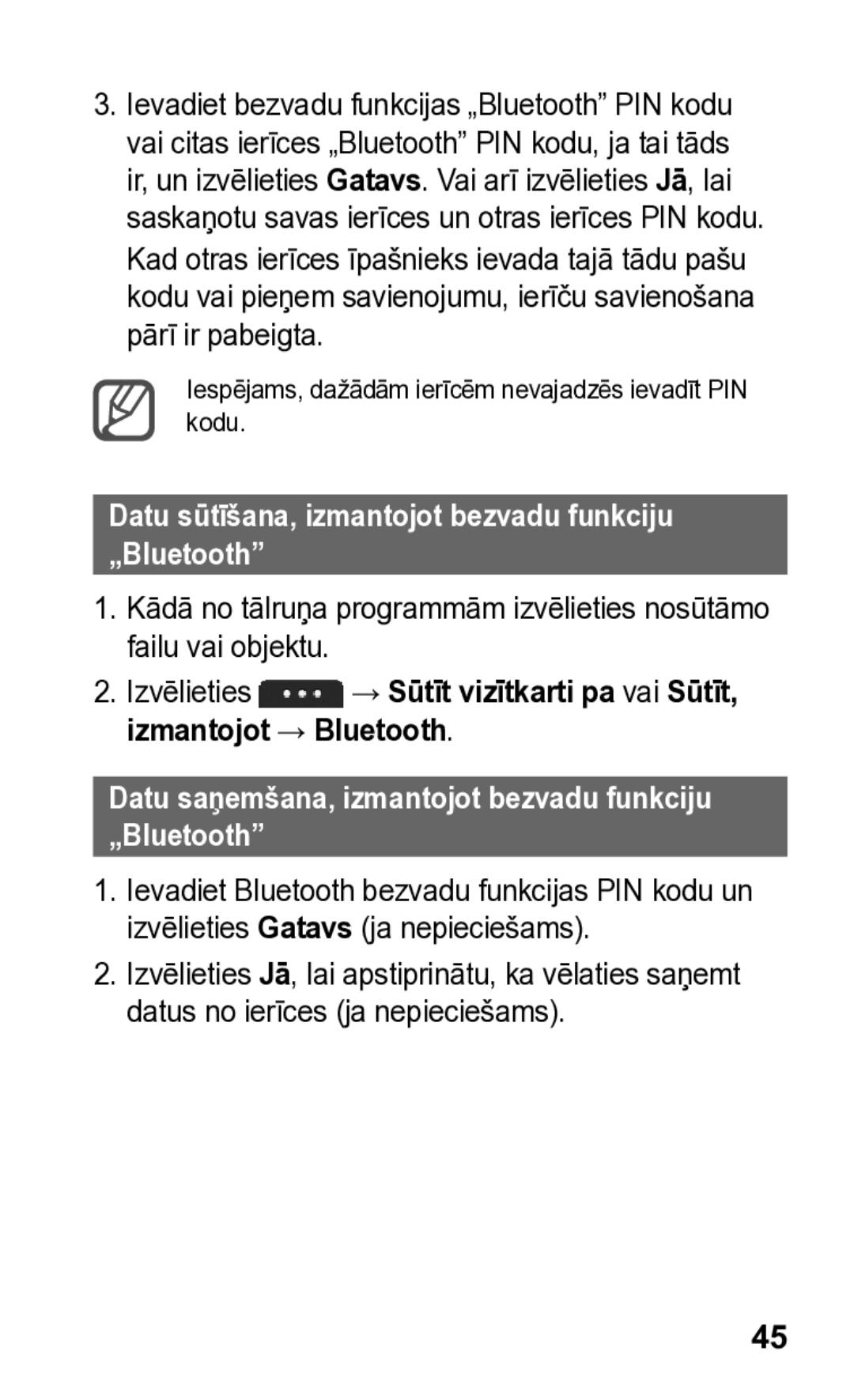 Samsung GT-S5260OKASEB, GT-S5260RWASEB manual Datu sūtīšana, izmantojot bezvadu funkciju „Bluetooth 