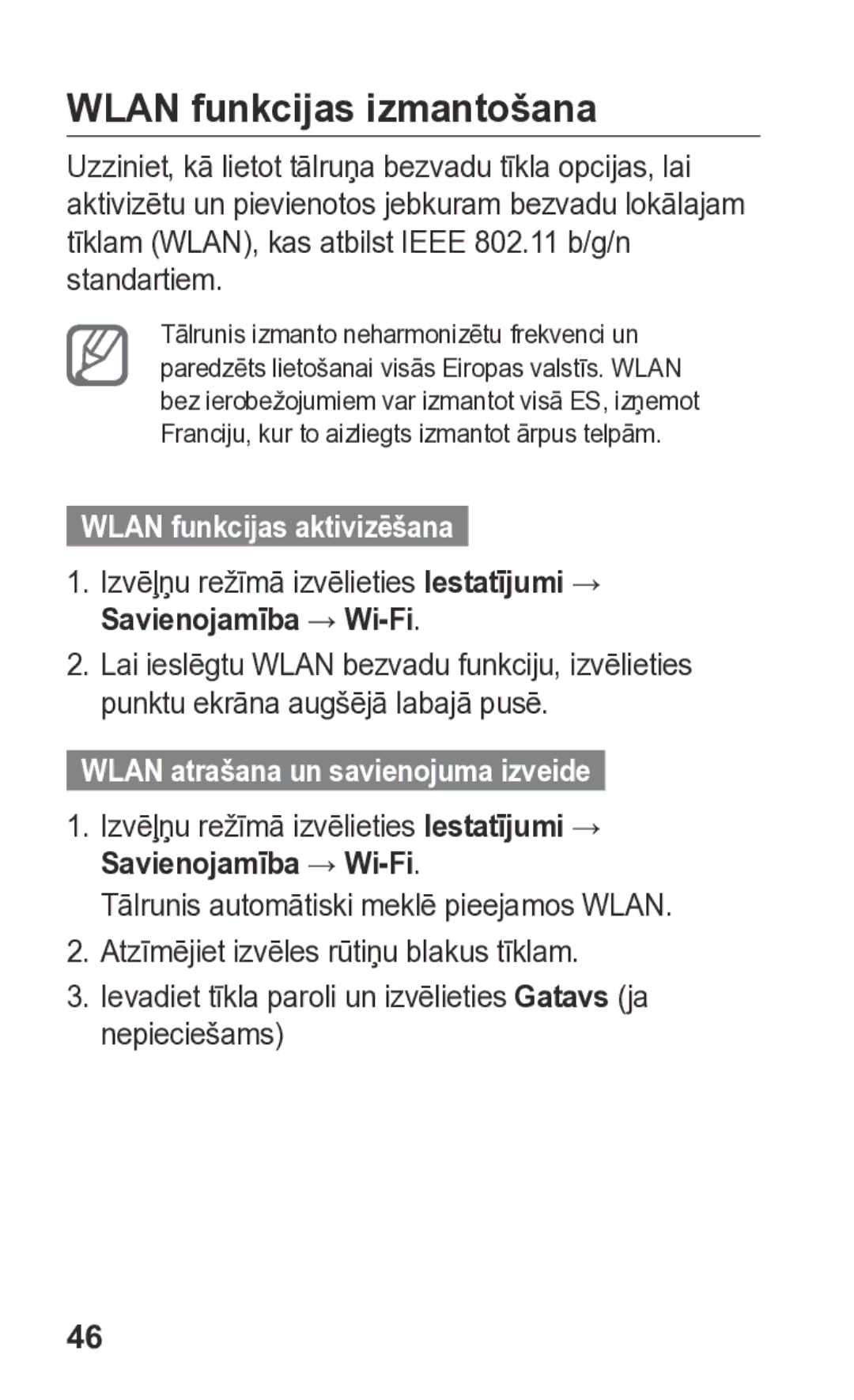 Samsung GT-S5260RWASEB manual Wlan funkcijas izmantošana, Wlan funkcijas aktivizēšana, Wlan atrašana un savienojuma izveide 