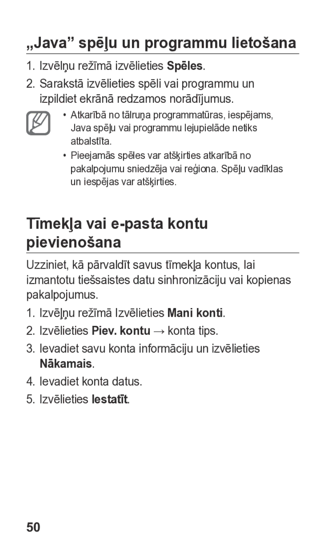 Samsung GT-S5260RWASEB, GT-S5260OKASEB manual „Java spēļu un programmu lietošana, Tīmekļa vai e-pasta kontu pievienošana 