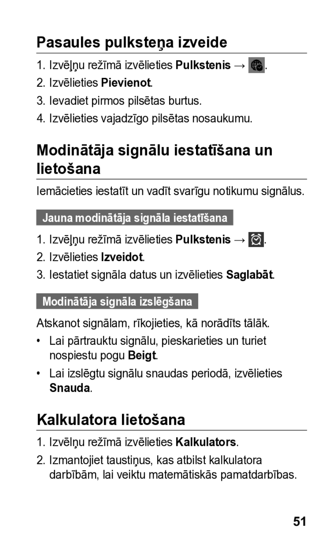 Samsung GT-S5260OKASEB Pasaules pulksteņa izveide, Modinātāja signālu iestatīšana un lietošana, Kalkulatora lietošana 