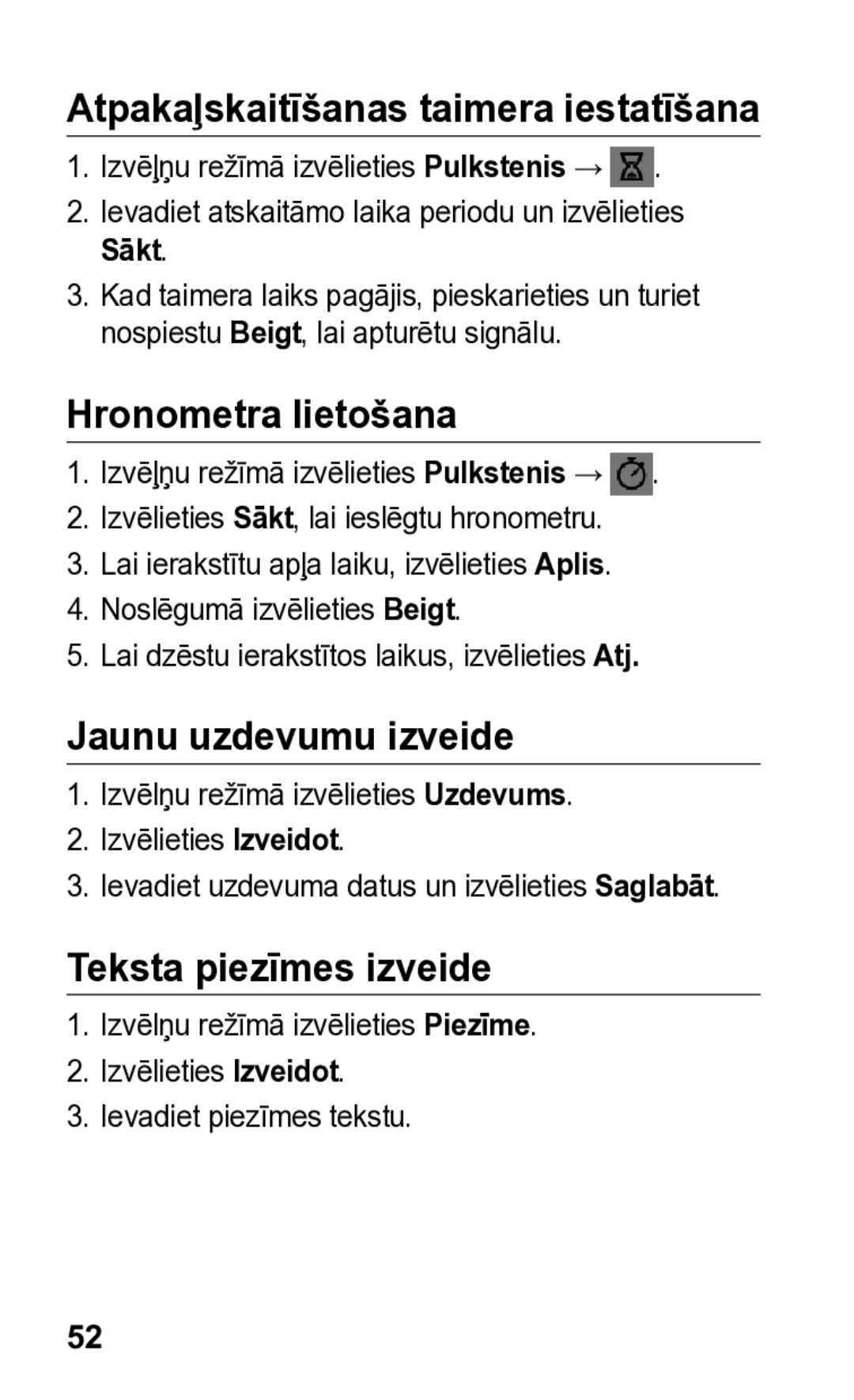 Samsung GT-S5260RWASEB manual Atpakaļskaitīšanas taimera iestatīšana, Hronometra lietošana, Jaunu uzdevumu izveide 