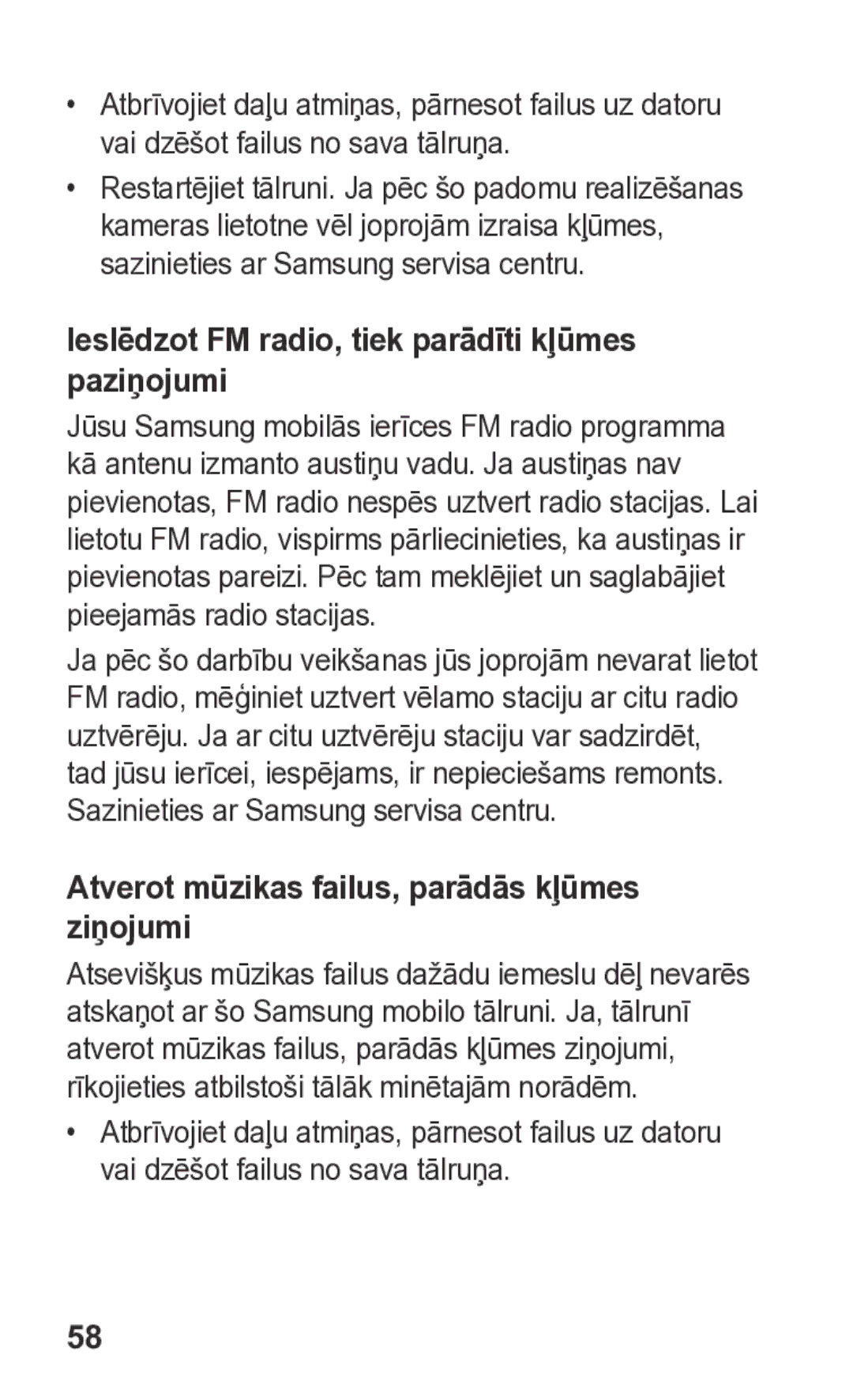 Samsung GT-S5260RWASEB, GT-S5260OKASEB manual Ieslēdzot FM radio, tiek parādīti kļūmes paziņojumi 