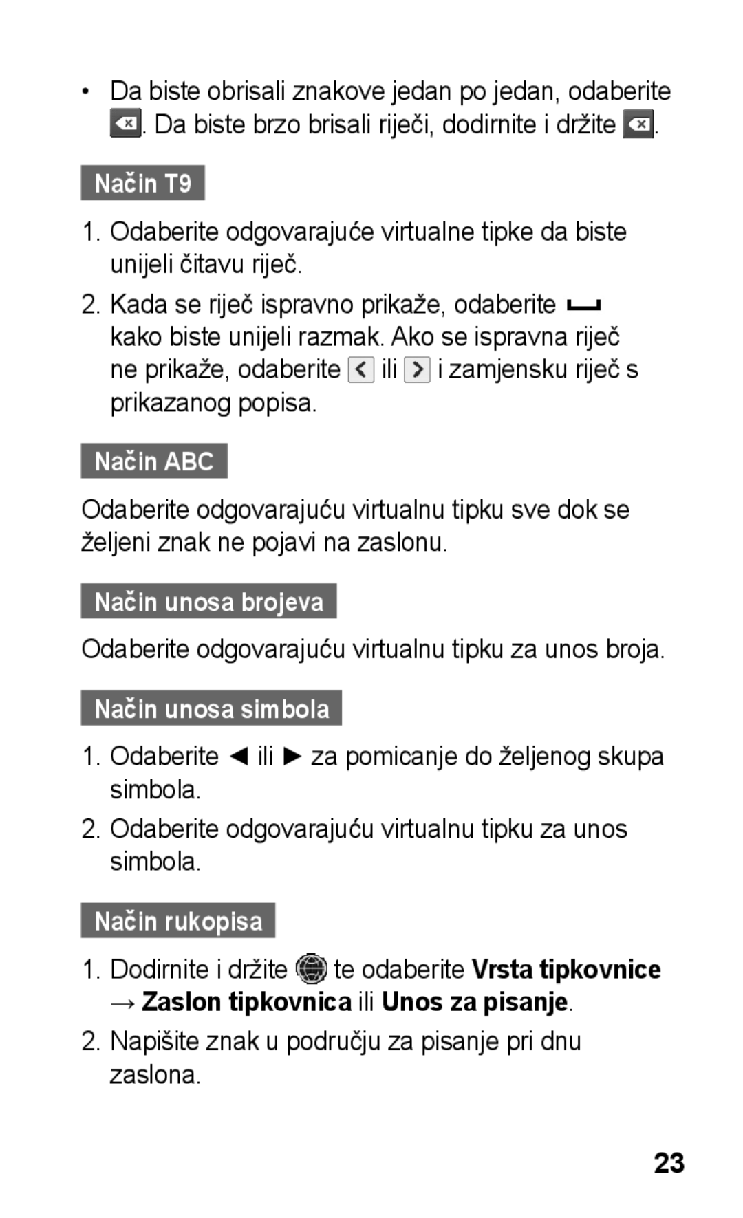 Samsung GT-S5260OKATWO, GT-S5260RWATWO manual Način T9, Način ABC, Način unosa brojeva, Način unosa simbola, Način rukopisa 