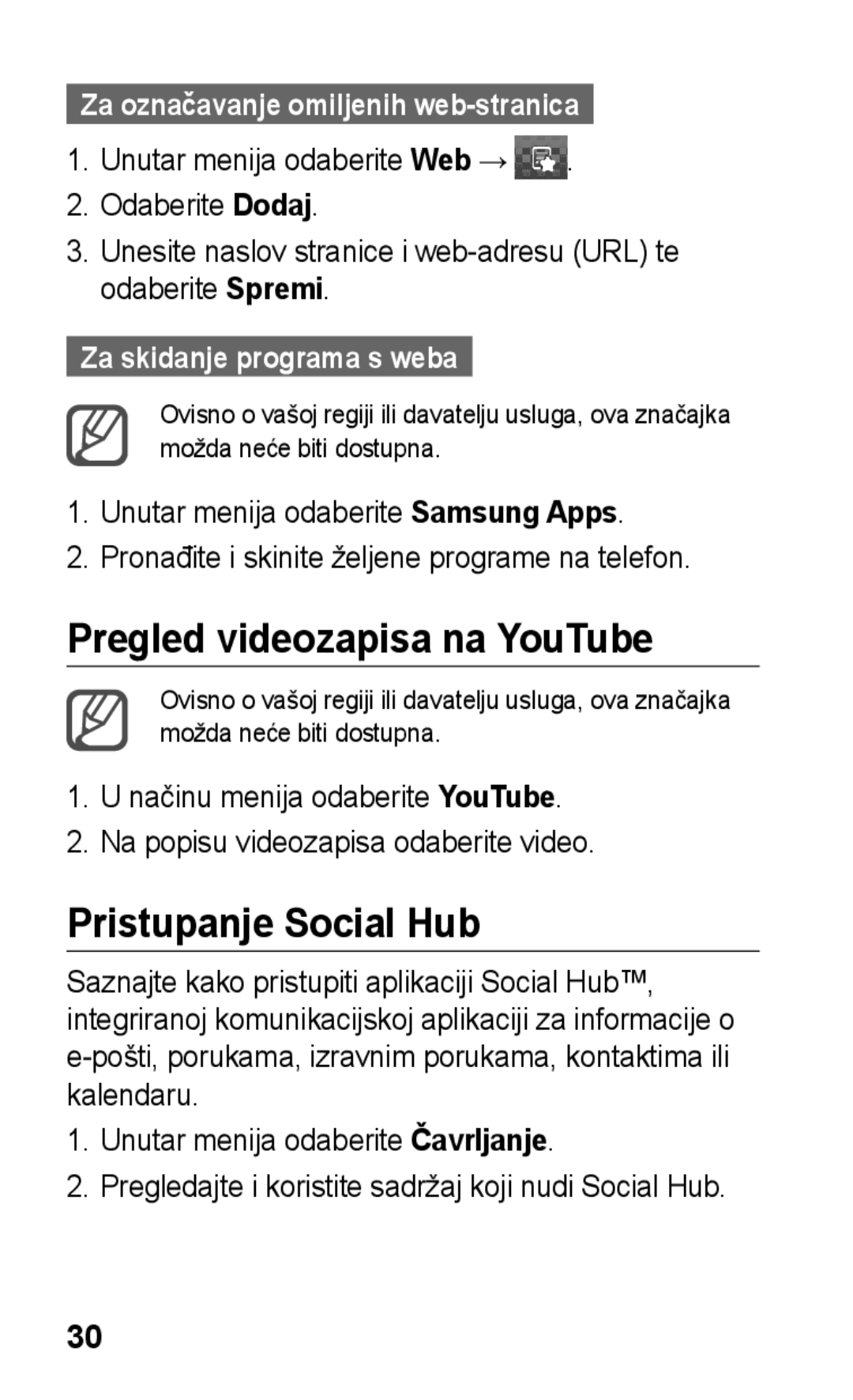 Samsung GT-S5260RWATWO manual Pregled videozapisa na YouTube, Pristupanje Social Hub, Za označavanje omiljenih web-stranica 