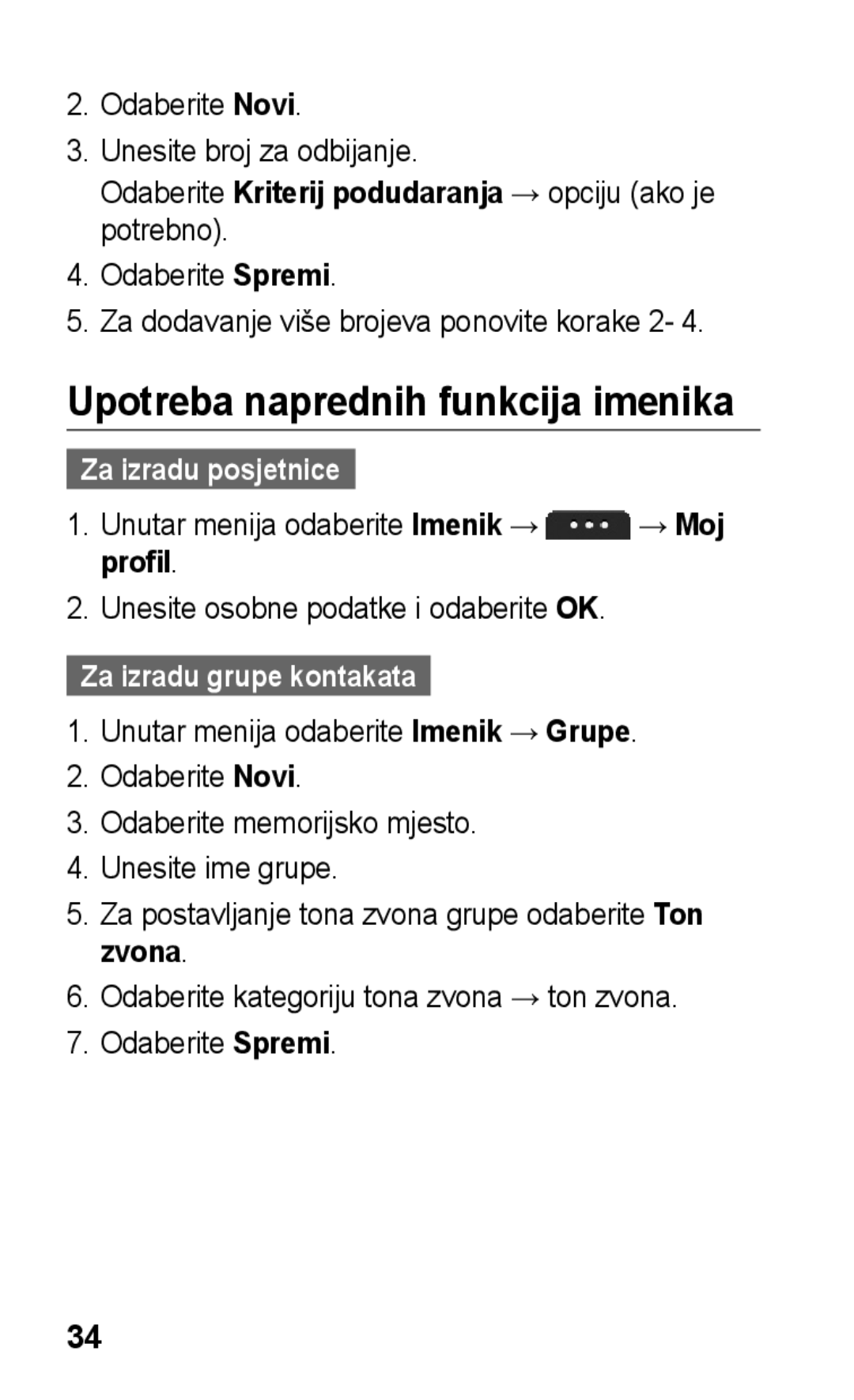 Samsung GT-S5260RWAVIP manual Upotreba naprednih funkcija imenika, Odaberite Kriterij podudaranja → opciju ako je potrebno 